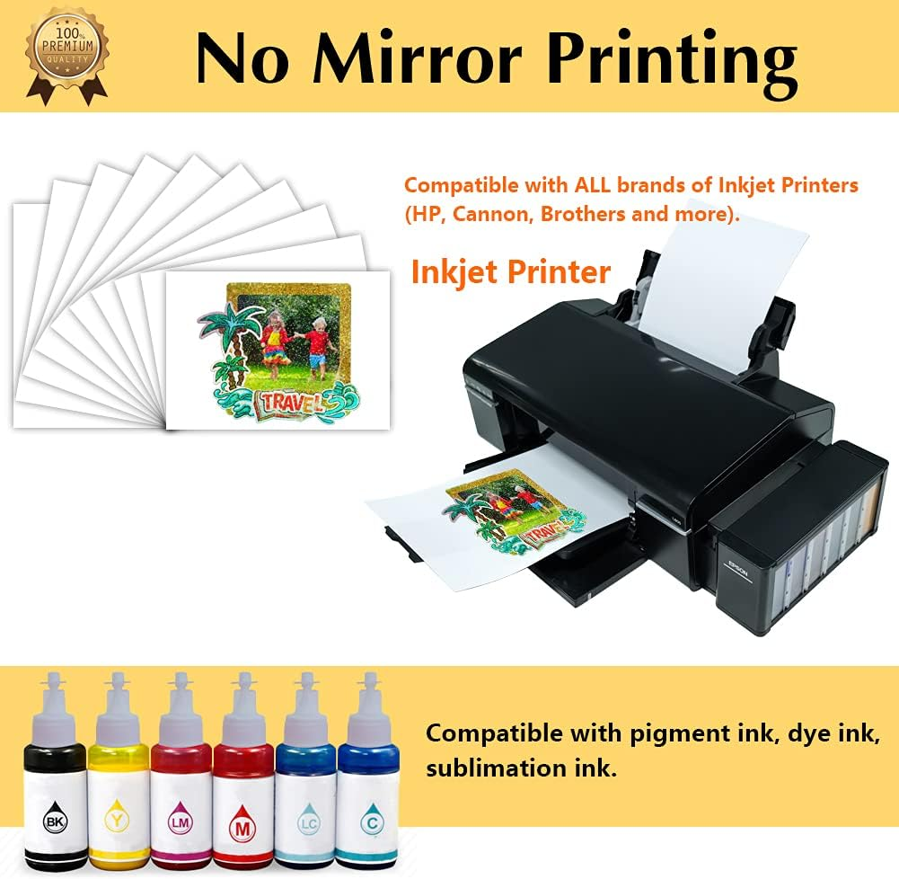 Transourdream Glitter 1.0 Iron on Heat Transfer Paper for T Shirts (10 Sheets, A4) Printable Heat Transfer Vinyl for Inkjet Printer Iron-On Transfers Paper for Light and Dark Fabric (AU-10-10) image number 5