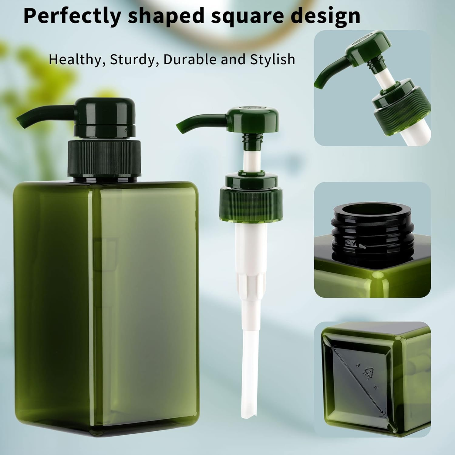 450Ml (15.2Oz) Pump Bottle Dispenser Jansburg 2Pack Refillable Square Plastic Lotion Dispenser Empty Lotion Pump Bottle for Essential Oil Soap Lotion Shampoo, Bathroom/Kitchen/Travel Green - Green image number 4