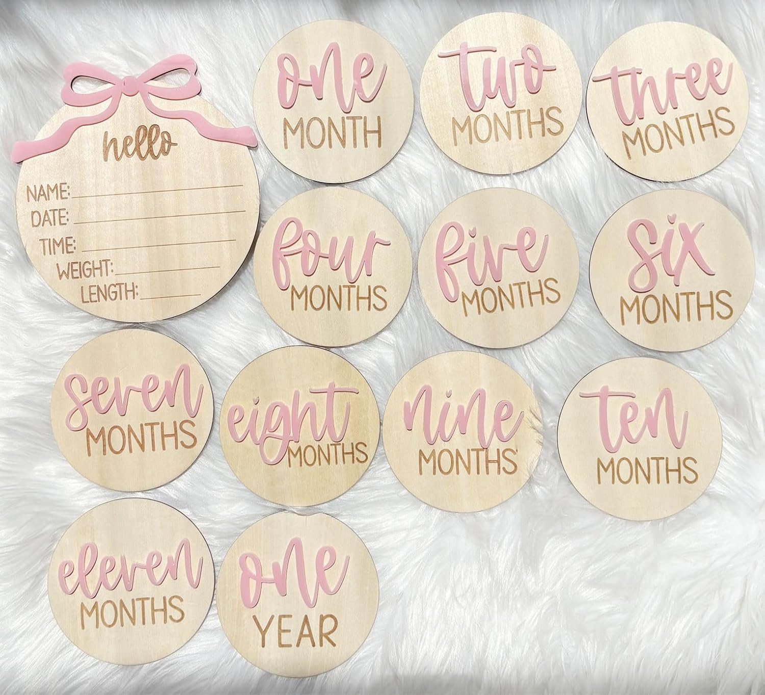 Monthly Baby Milestone Cards for Girls &ndash; 13 Wooden 3D Milestone Discs with Hello World Birth Announcement Sign &ndash; Newborn Photo Props for Baby Girl image number 2
