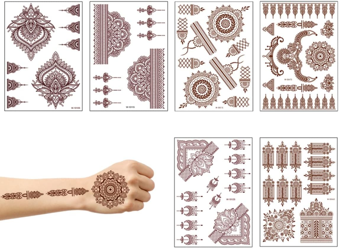 Temporary Tattoos, Henna Tattoos Brown Red Tattoos Sticker Lace Temporary Tattoos Waterproof Body Stickers for Women Girls Body Art 6Sheets image number 1