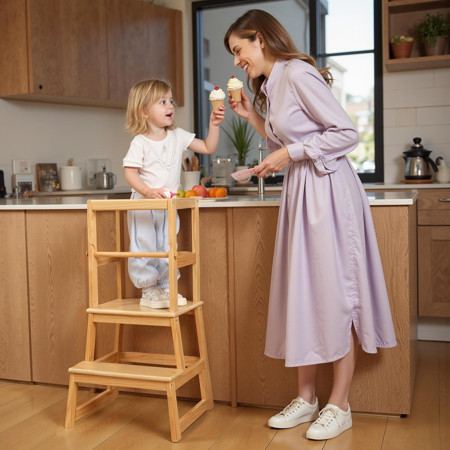 Kitchen Step Stool for Kids with Safety Rail,Toddler Standing Tower for Kitchen Counter, Baby Montessori Stool,Solid Wood Construction,Natural image number 6