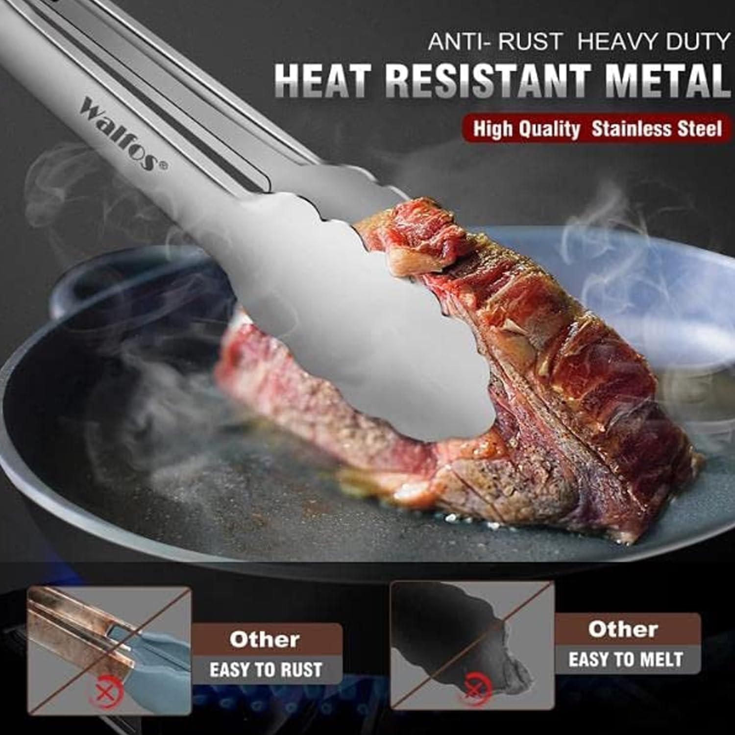 Walfos Stainless Steel Tongs, 3-Piece Set (7", 9", 12") - Heavy Duty, Heat Resistant, Non-Slip Grip, BBQ Grilling & Cooking Tongs image number 1