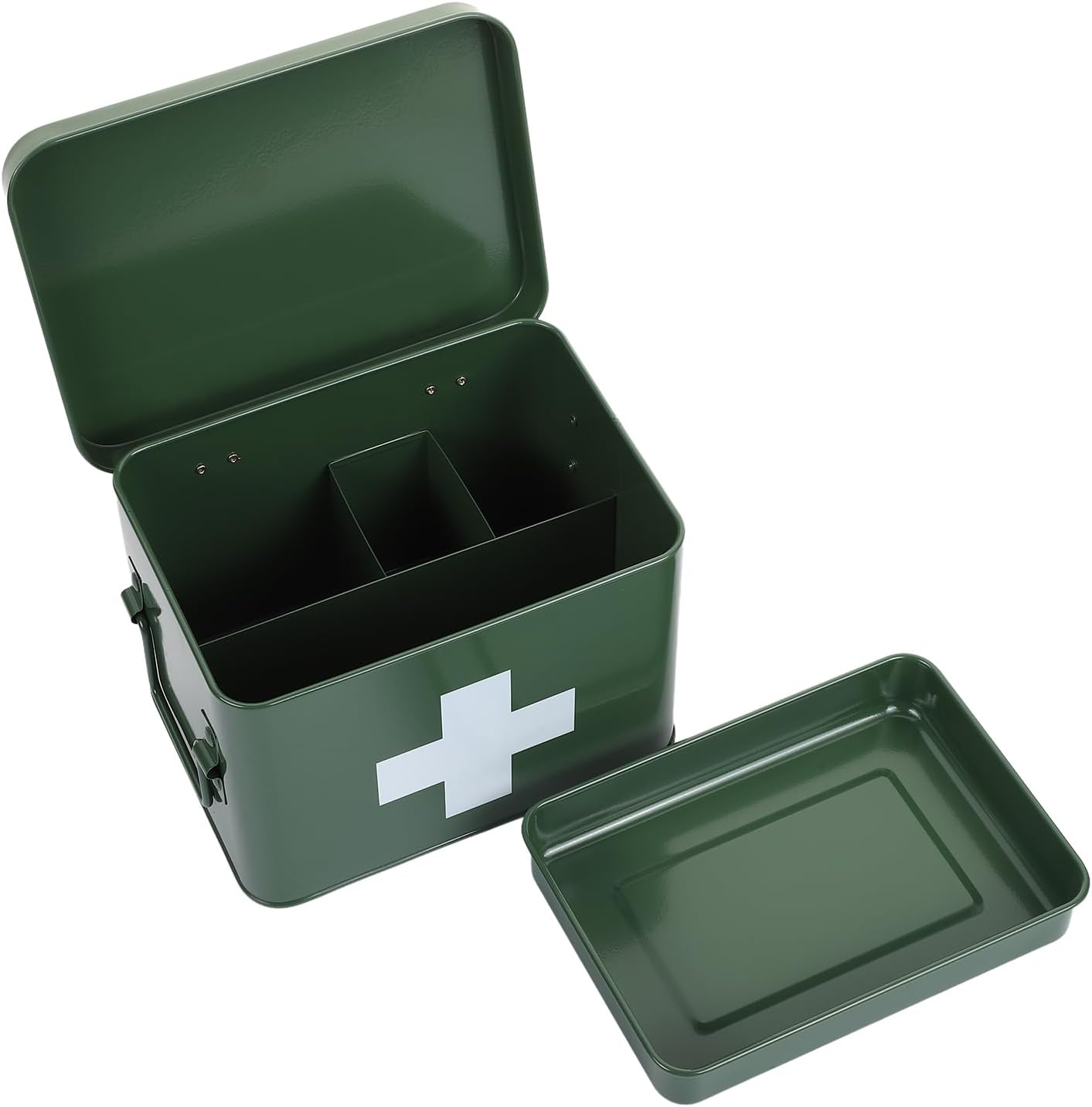 Lassos Boutique Retro Enameled First Aid Box for Medicine Storage and Home Decor with Lid and Removable Tray (Green/White) - White image number 4