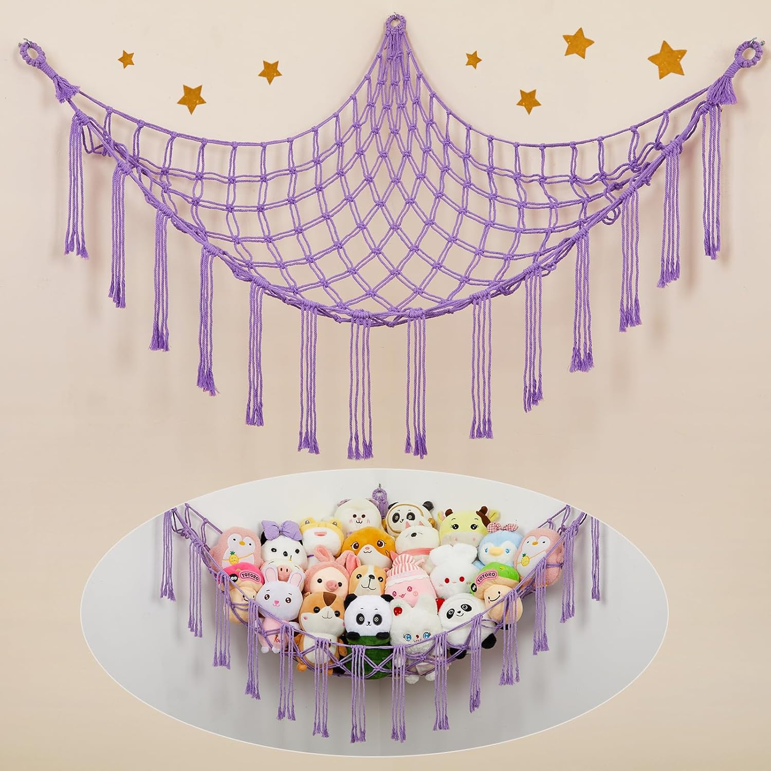 Unicorn Castle Triangular Stuffed Toy Storage Net Hammock Organizer, Purple, Cotton, Triangular, 59 X 39.37 X 59 Inches, 5 Pounds Capacity, Boho Wall Hanging Decor for Nursery, Playroom, Bedroom image number 1