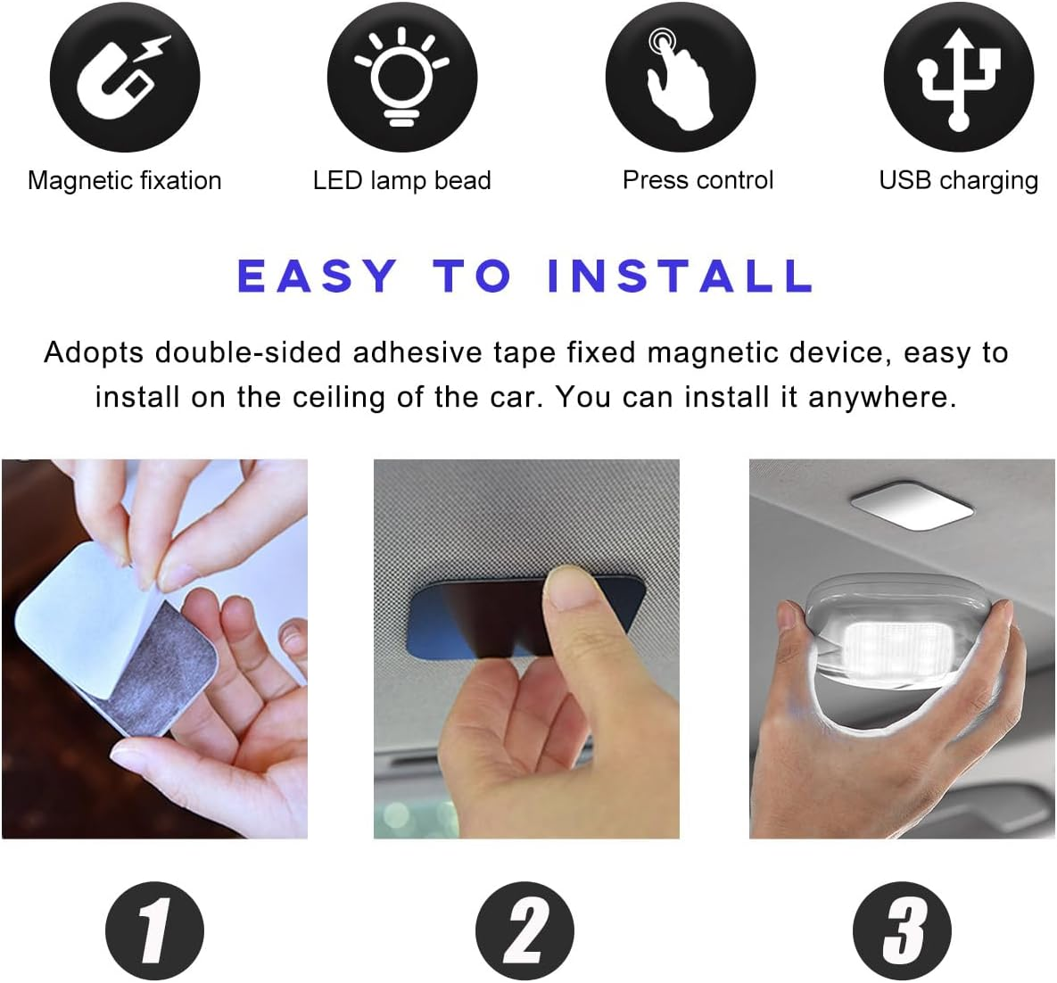 Ohleats Car Interior Ceiling Roof Lights, Magnetic Rechargeable USB Wireless Dome Lamp, LED Auto Map Reading Light Cover for Insider Roof Ceiling, Universal Car Accessories (Black) - Black image number 6