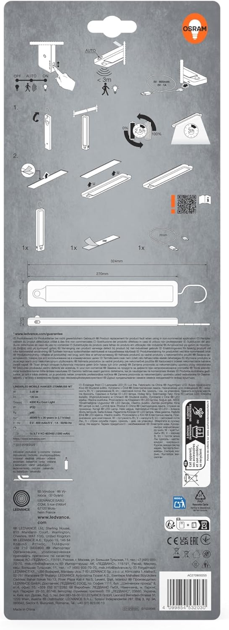 OSRAM LINEARLED Mobile Pendant Light with Hanging Device in White, USB Charging Function, Switch and Motion Sensor, 3 M Radius, IP20 Protection for Indoor Use