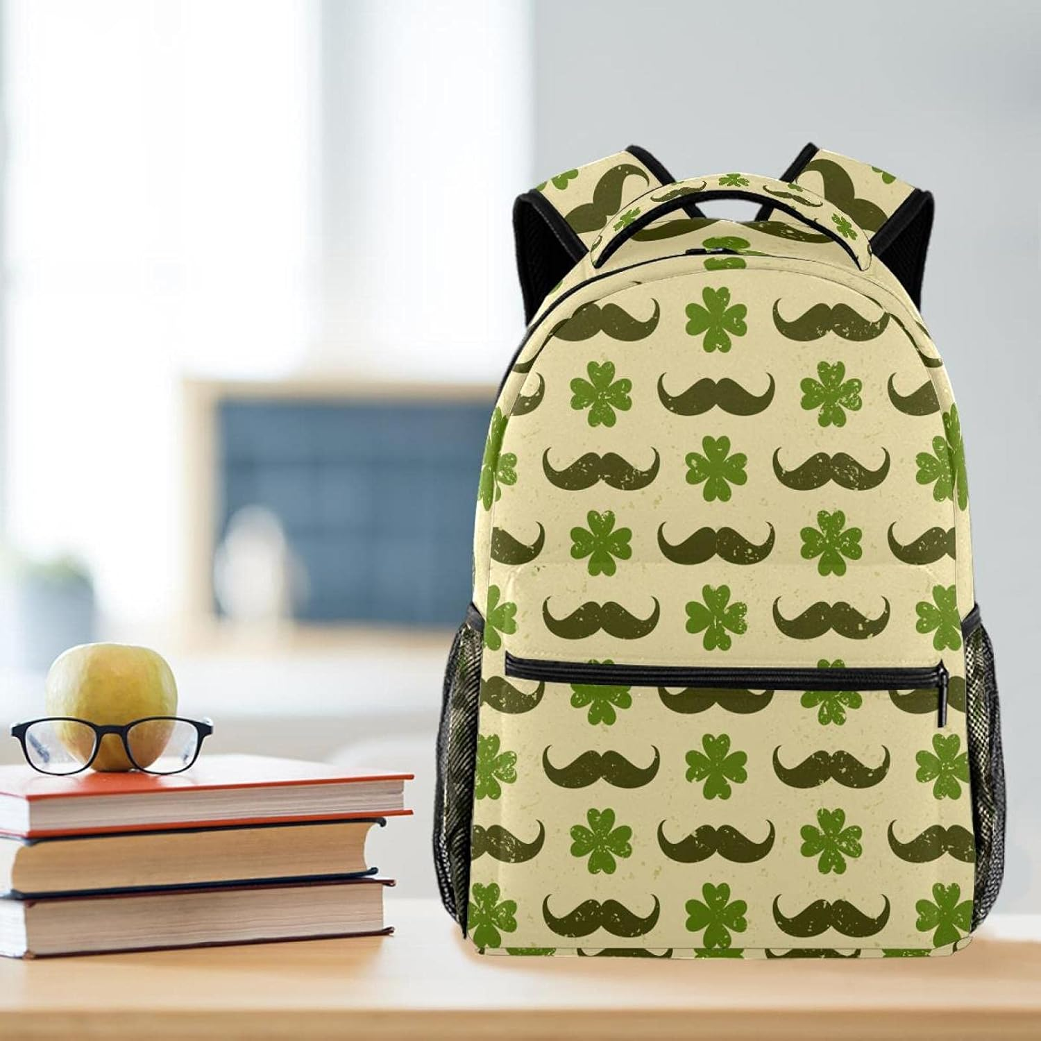 St. Patrick'S Day with Four Leaf Clovers and Mustaches Backpack Students Shoulder Bags Travel Bag College School Tote Backpacks