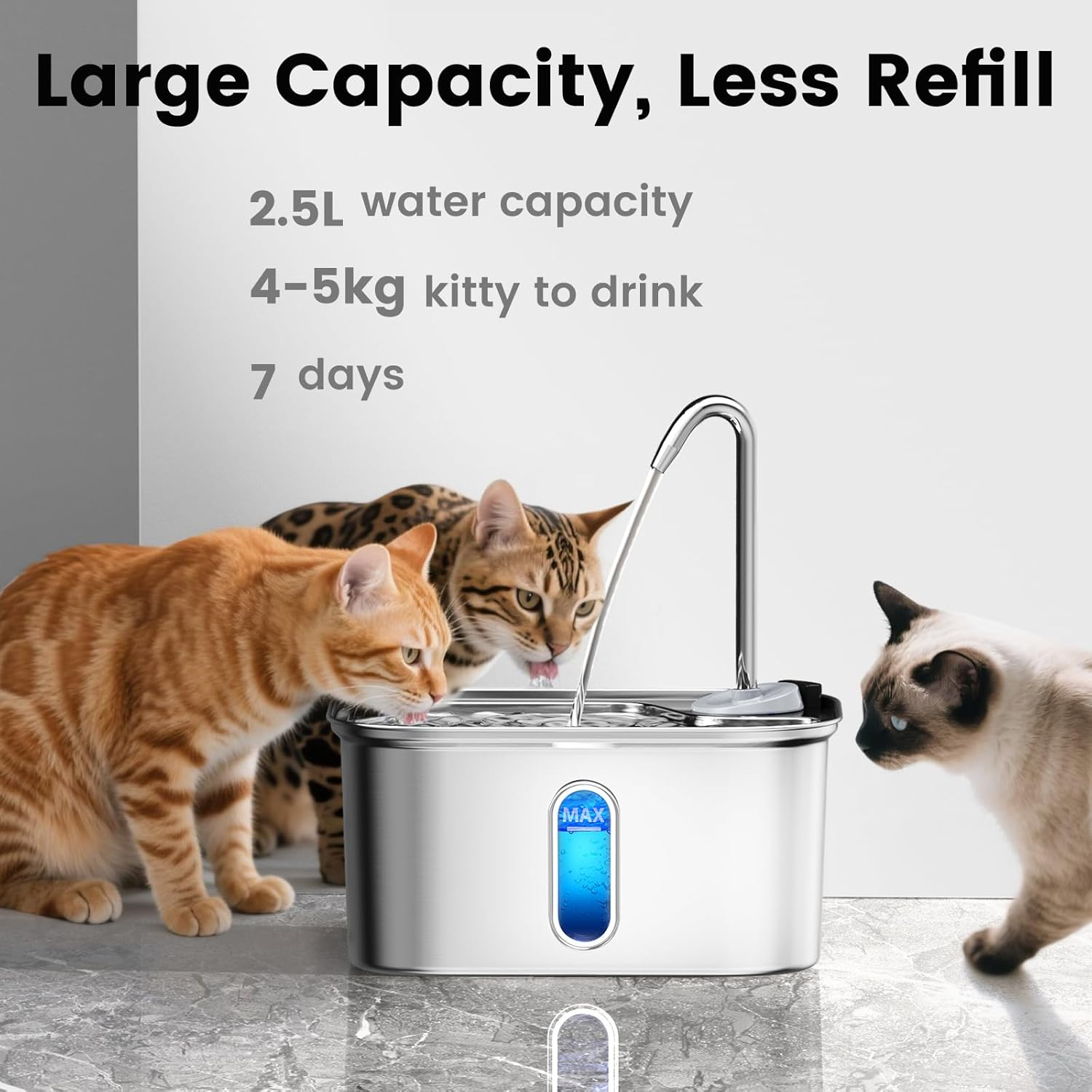 Cat Water Fountain Stainless Steel 304, 2.6L 88Oz Auto Shut-Off Bpa-Free Cat Fountain for Drinking, 2 Flow Modes Cat Water Dispenser for Cats, Multiple Pets Metal Kitty Spout image number 1