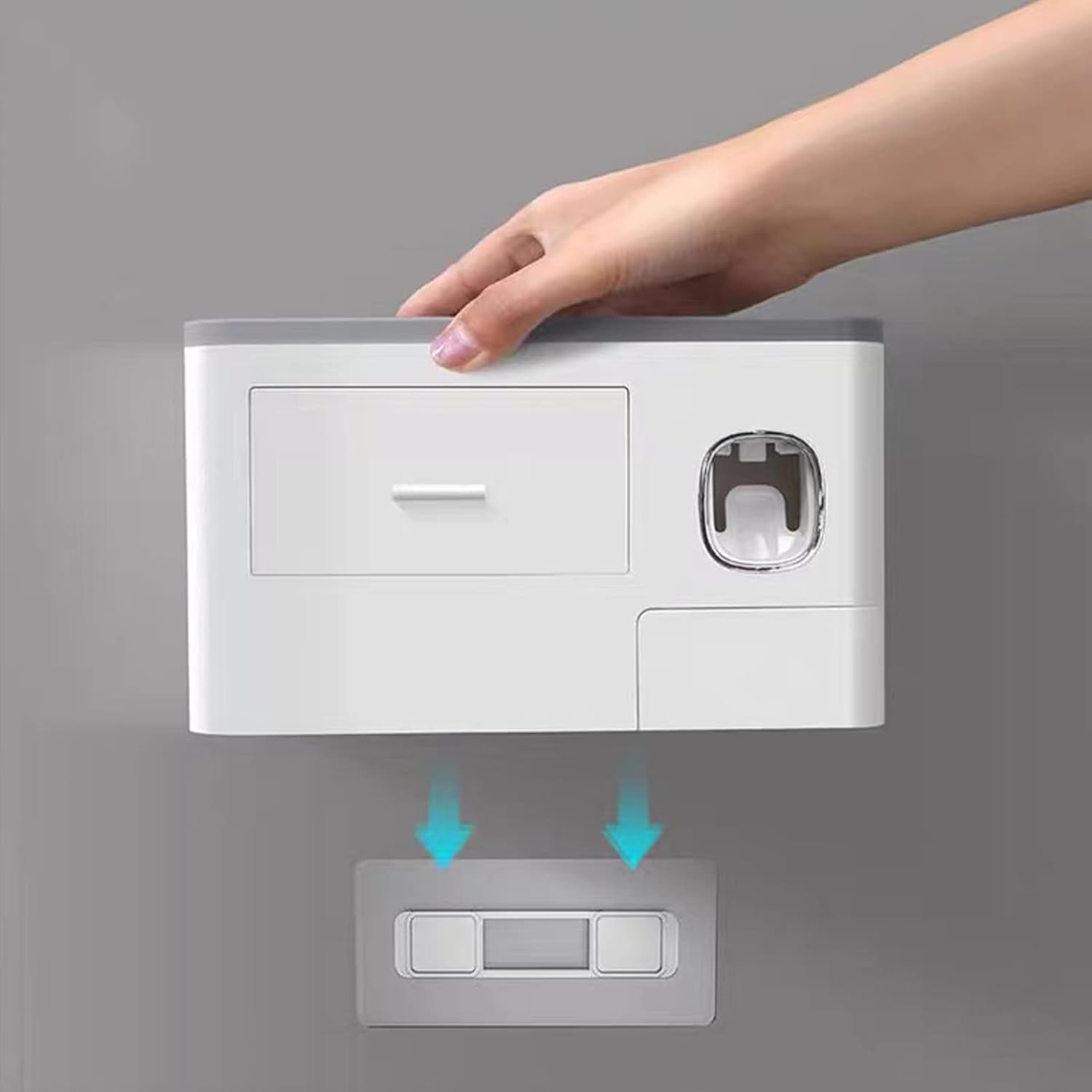 Hushnow Toothbrush Holder Wall Mounted,Toothbrush Storage Box with Dust Cover, Equipped with Toothpaste Dispenser,Cup and Drawer Storage Box(2 Cups, Gray Toothbrush Holder) - Black image number 2