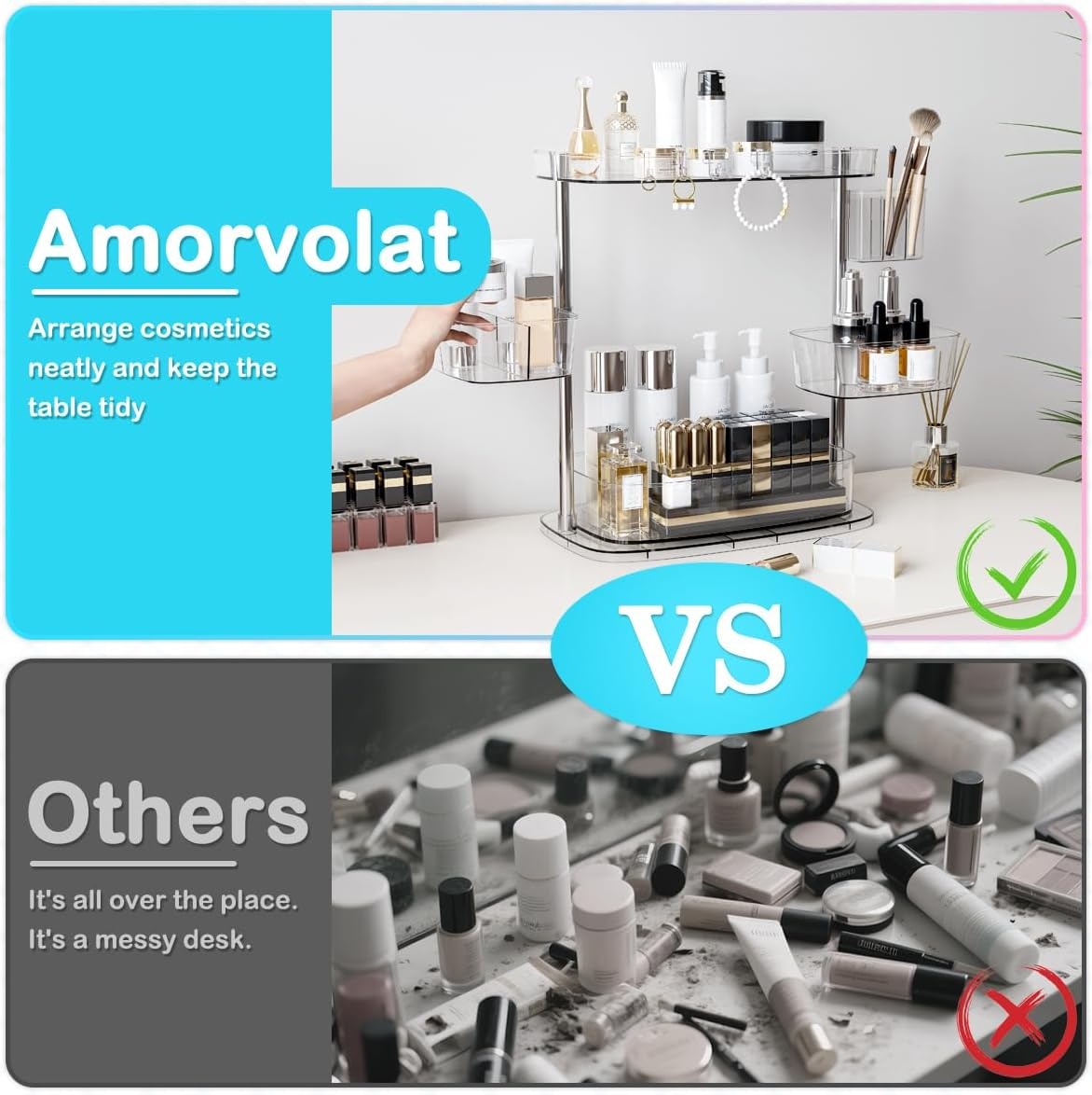 Amorvolat 360 Rotating Makeup Organizer with 3 Adjustable Makeup Carousel Spinning Holder Rack - Large Cosmetic Storage for Bathroom Countertop - Cosmetic Display Case for Lipstick, Brushes, Skincare image number 2