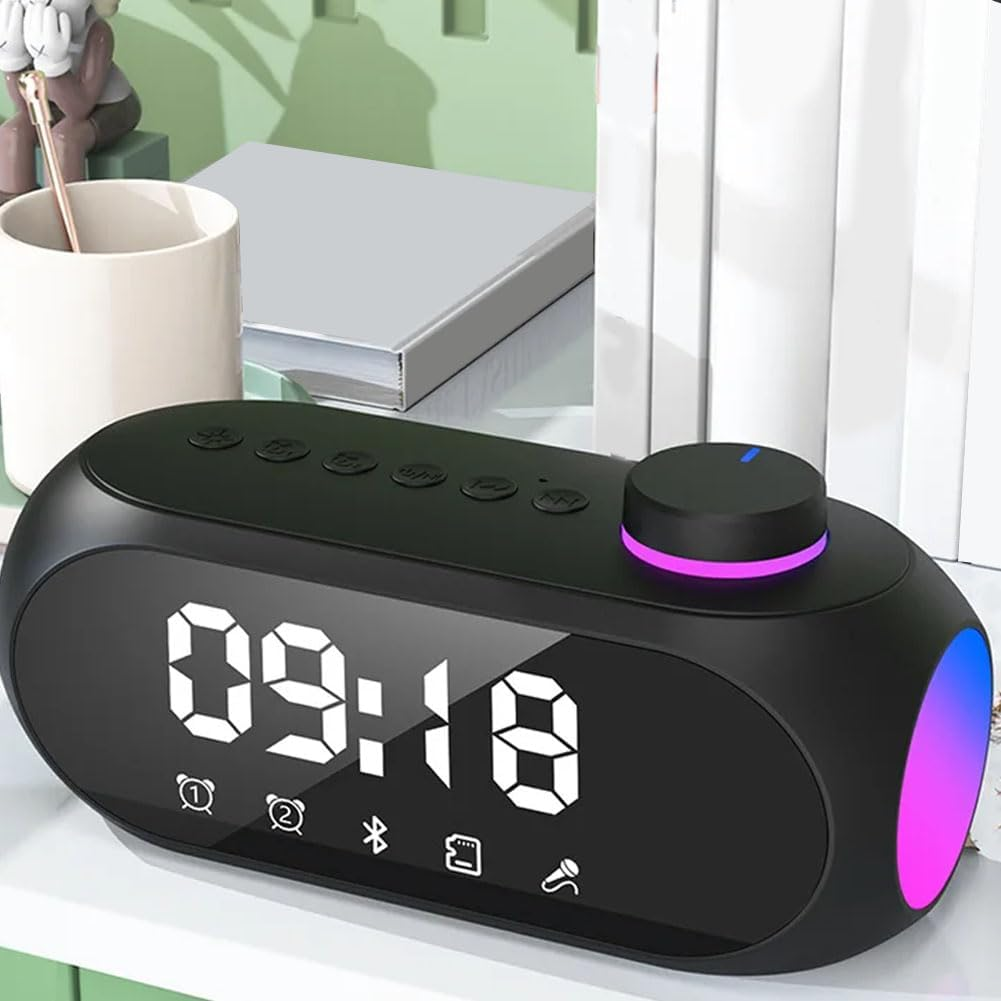 Byttlerom Portable Mini FM Radio Receiver Hifi Sound RGB Bluetooth Speaker with Clock Dual Alarm Clock Support Handsfree -A Easy to Use