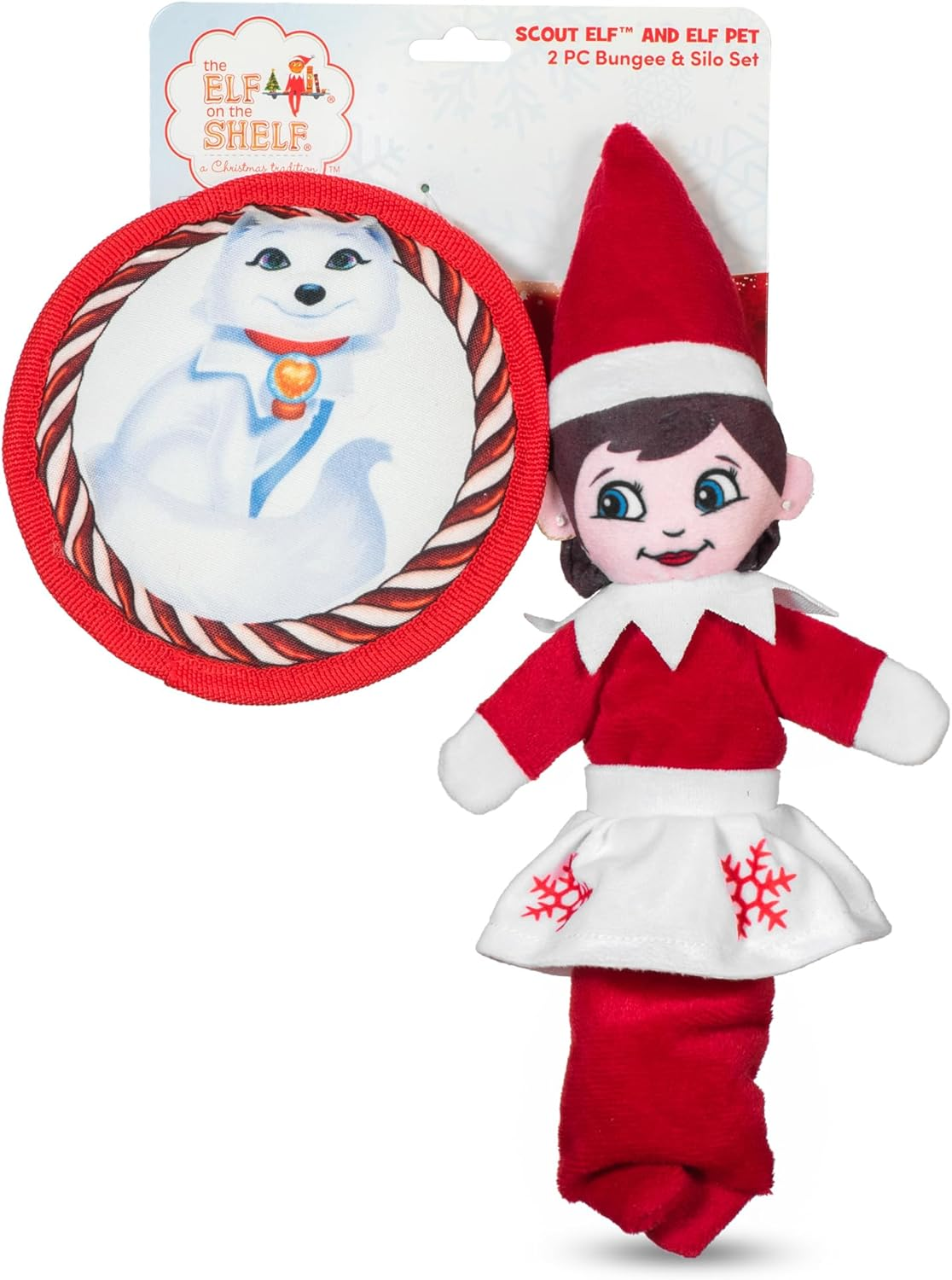 The Elf on the Shelf 2Pc Dog Toy Set with Elastic Scout Elf + Elf Pets Arctic Fox Plush Flattie Disk, Squeaky Dog Toys | Bungee Dog Toys for Tug | Stocking Stuffers for Dogs image number 1