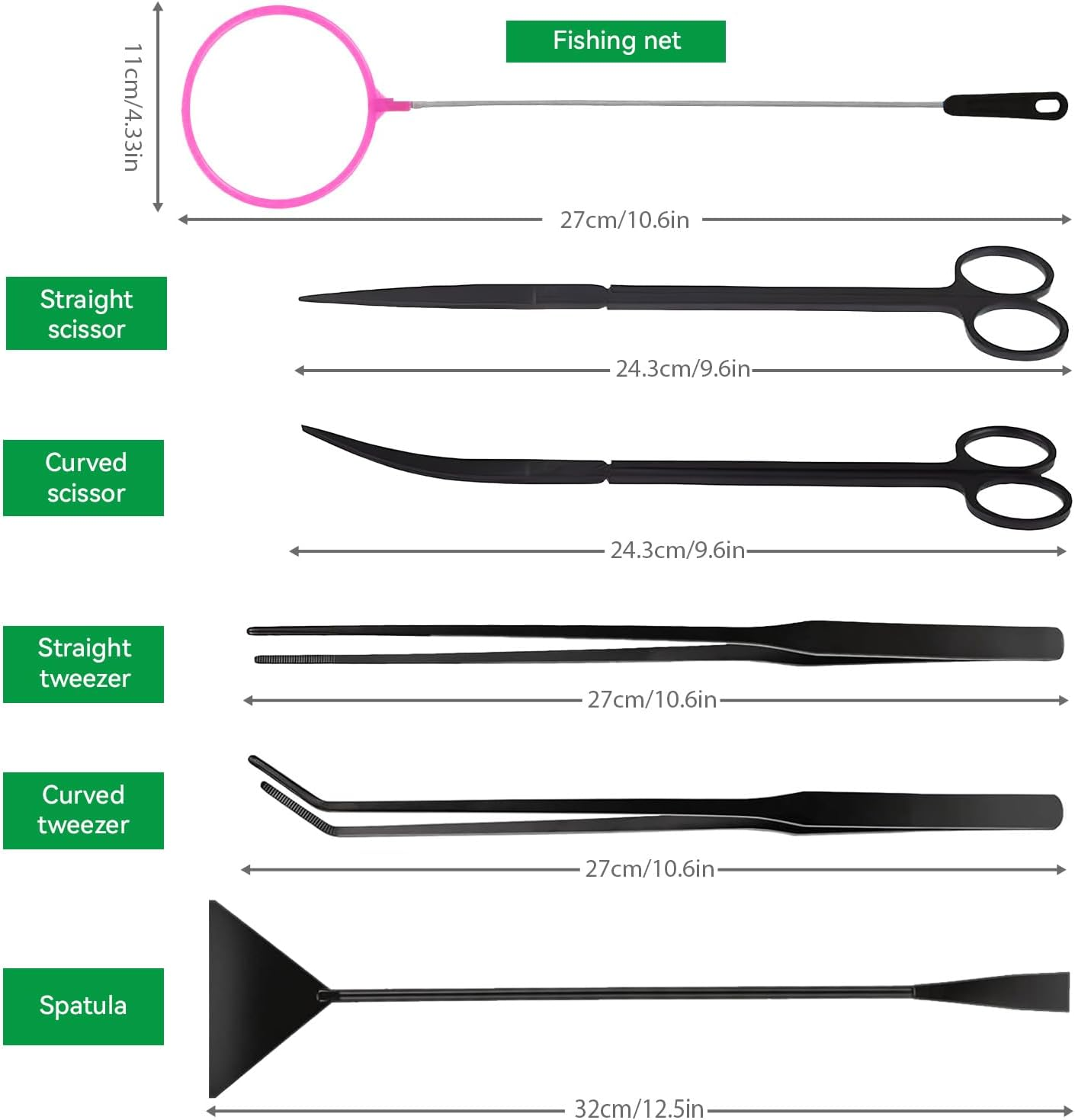 Proxima Direct Aquarium Aquascape Tools Kits, 7 in 1 Anti-Rust Aquatic Plant Aquascaping Tool Stainless Steel Black Tweezers Scissors Spatula with Fishing Net and 80PCS PH Paper for Fish Tank Cleaning image number 1