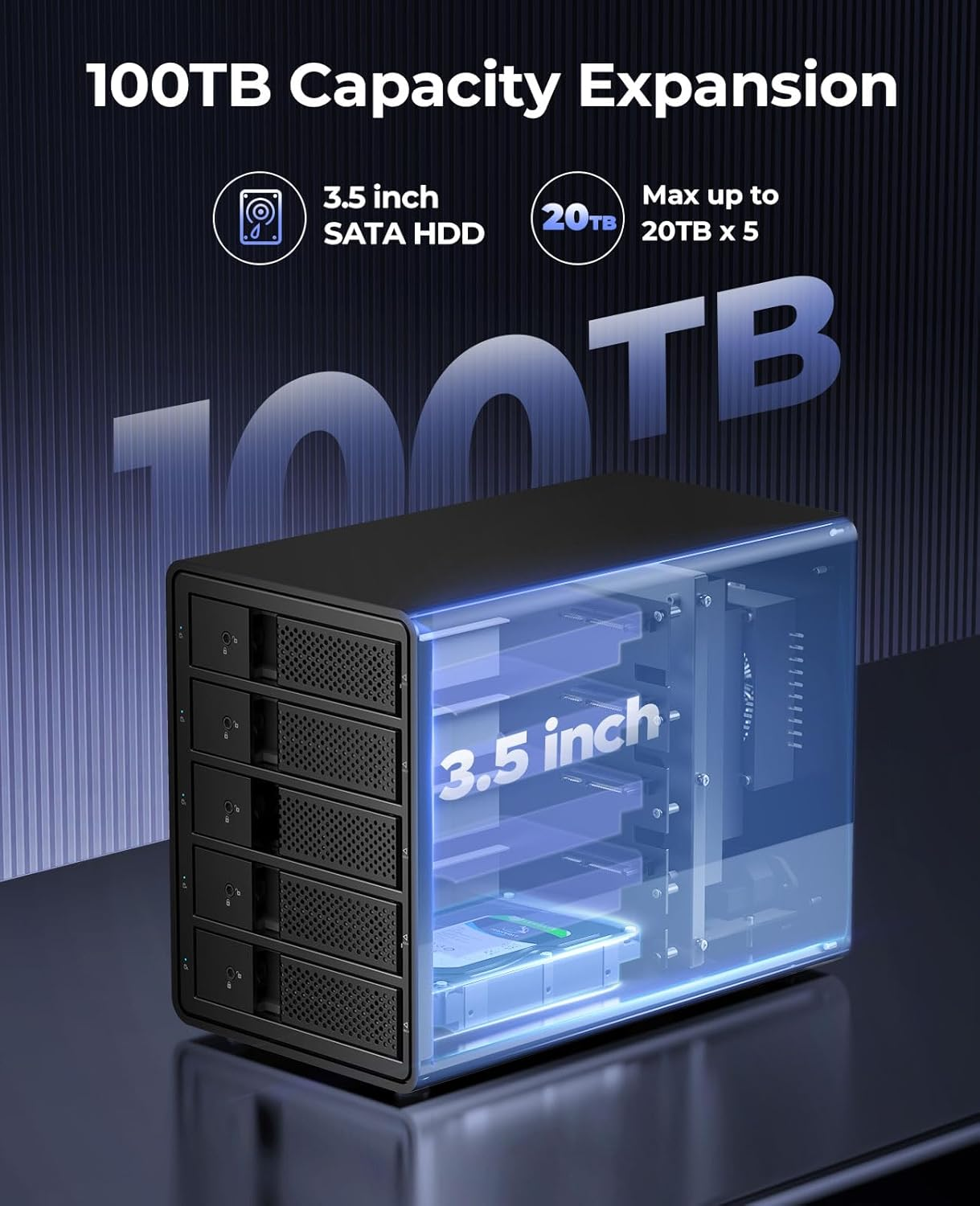 ORICO 5 Bay USB 3.0 to SATA External Hard Drive Enclosure for 3.5 Inch HDD Support 80TB (5 X 16TB) Aluminum Alloy RAID Enclosure Support RAID Mode Storage with Fan Tool Free (5 Bay) image number 1