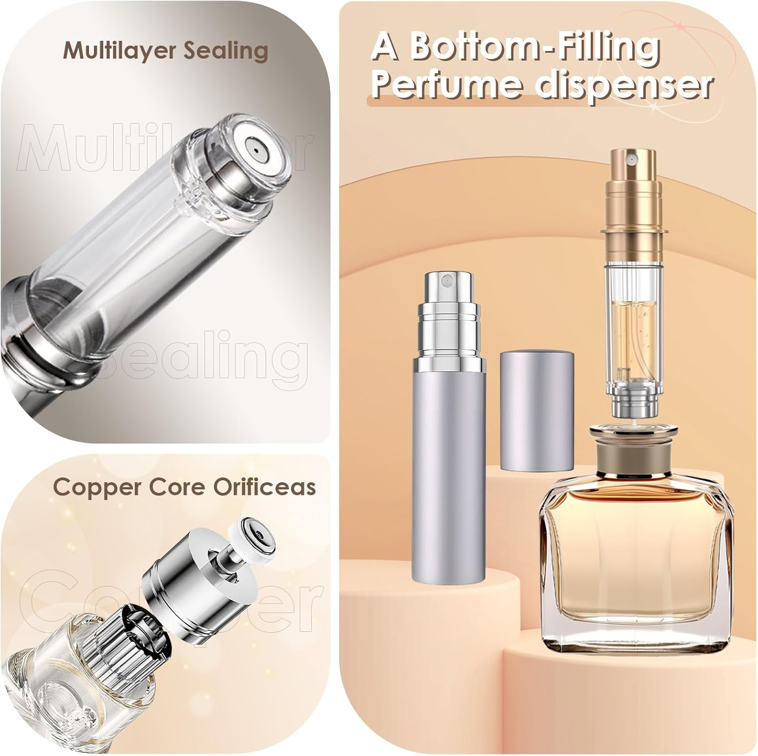 JOOMOKO Perfume Atomiser, 5Ml Perfume Travel Bottle, Refillable Perfume Bottle Portable Perfume Spray Bottle Perfume Dispenser Perfume Refill Bottle for Travel Accessories Women Men（Black＆Silver）