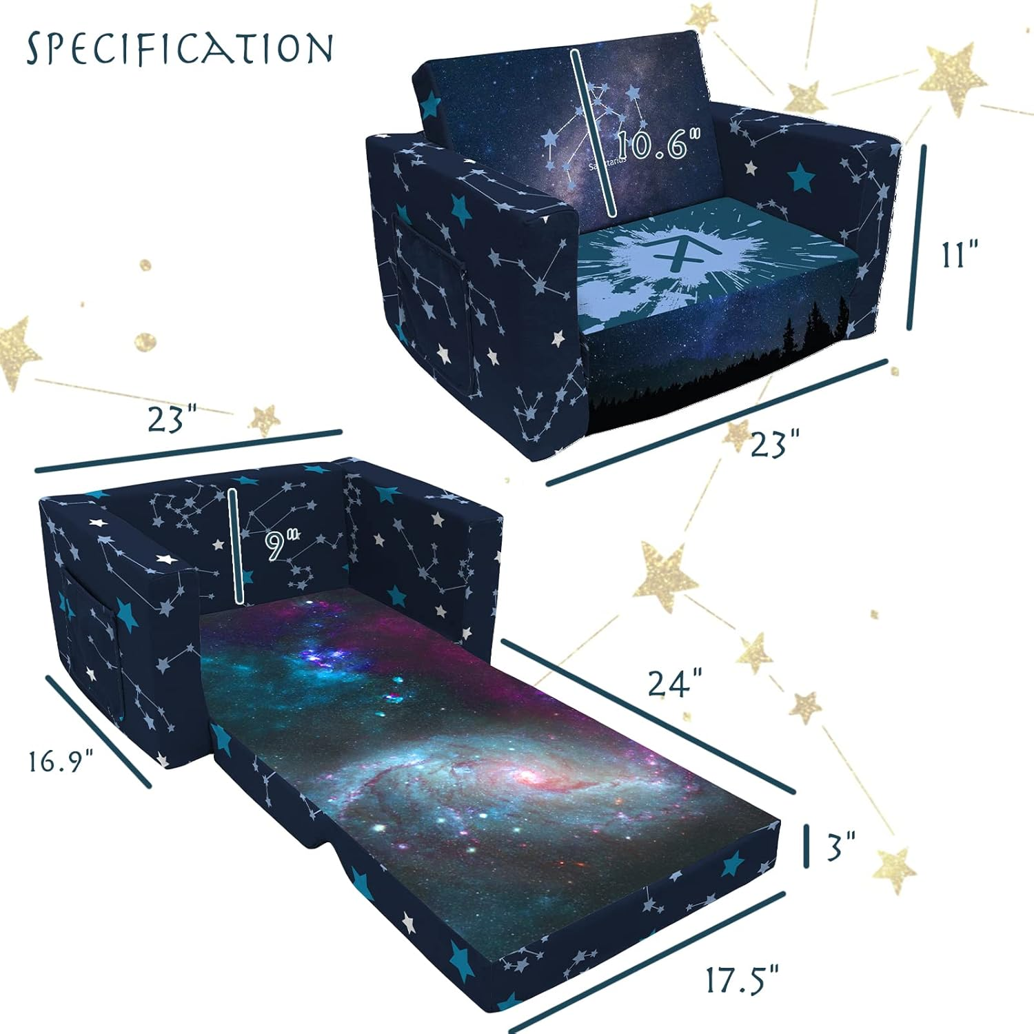 Fond + Found Kids Sofa, Constellation Zodiac Sign Toddler Couch 2-In-1 Convertible Sofas to Lounger, Starry Sky Flip Open Sofa & Sleeper, Toddler Chair Kids Couch for Girls Boys image number 6
