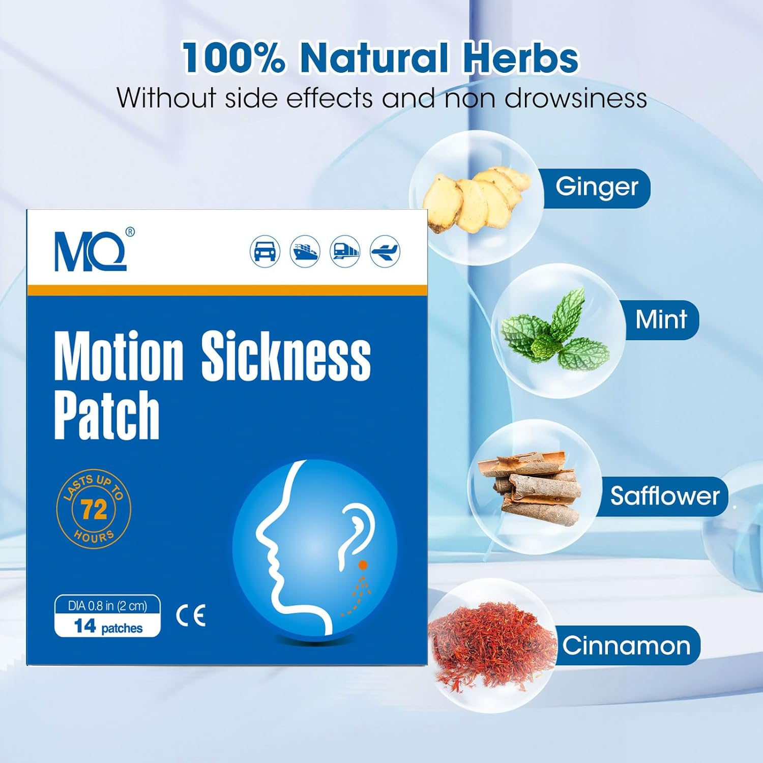 MQ 14Ct Motion Sickness Patch for Car and Boat Rides, Cruise and Airplane Trips - Relieves Nausea, Dizziness & Vomiting from Seasickness, Fast Acting and No Side Effects image number 6