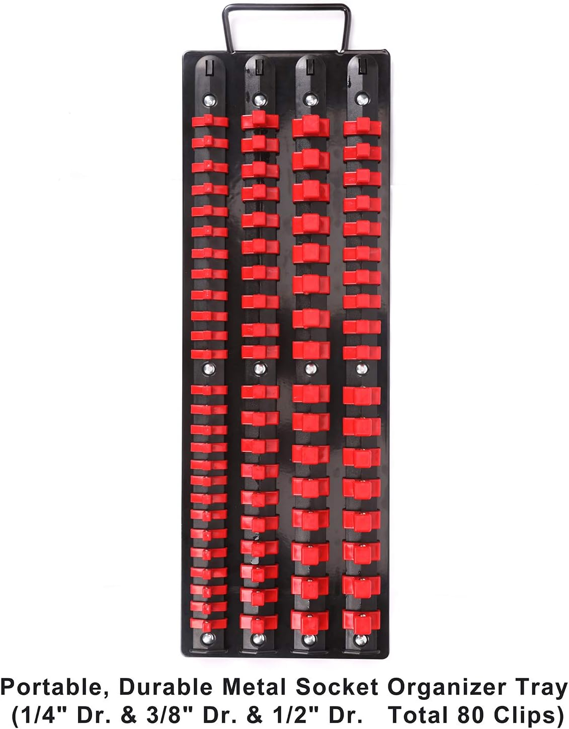 CASOMAN 80-Piece Portable Socket Organizer Tray, 1/4-Inch, 3/8-Inch, 1/2-Inch,Heavy Duty Socket Rail, Black Rails with Red Clips image number 1
