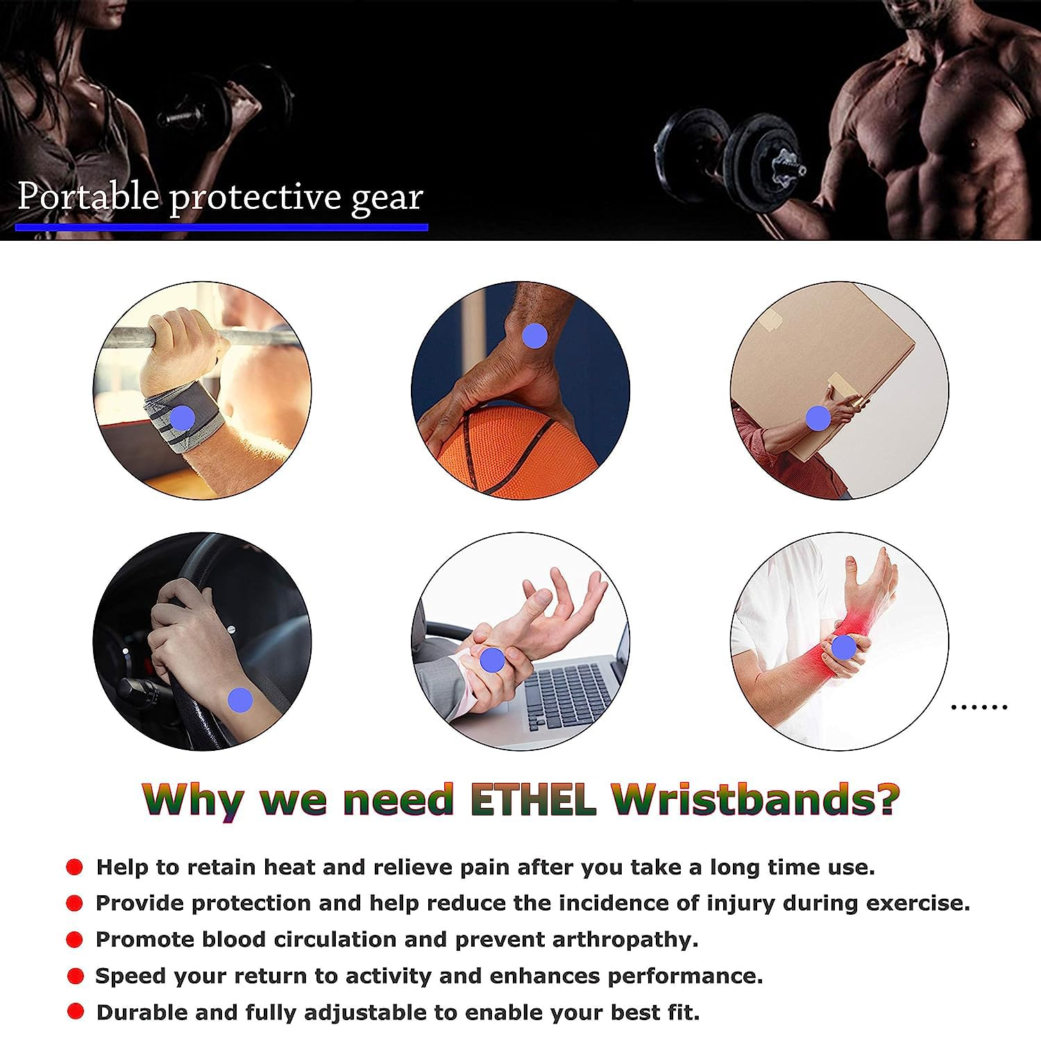 ETHEL 2 Pack Wrist Compression Strap and Wrist Brace Sport Wrist Support for Fitness, Weightlifting, Tendonitis, Carpal Tunnel Arthritis, Pain Relief-Wear Anywhere-Adjustable (Black) image number 6