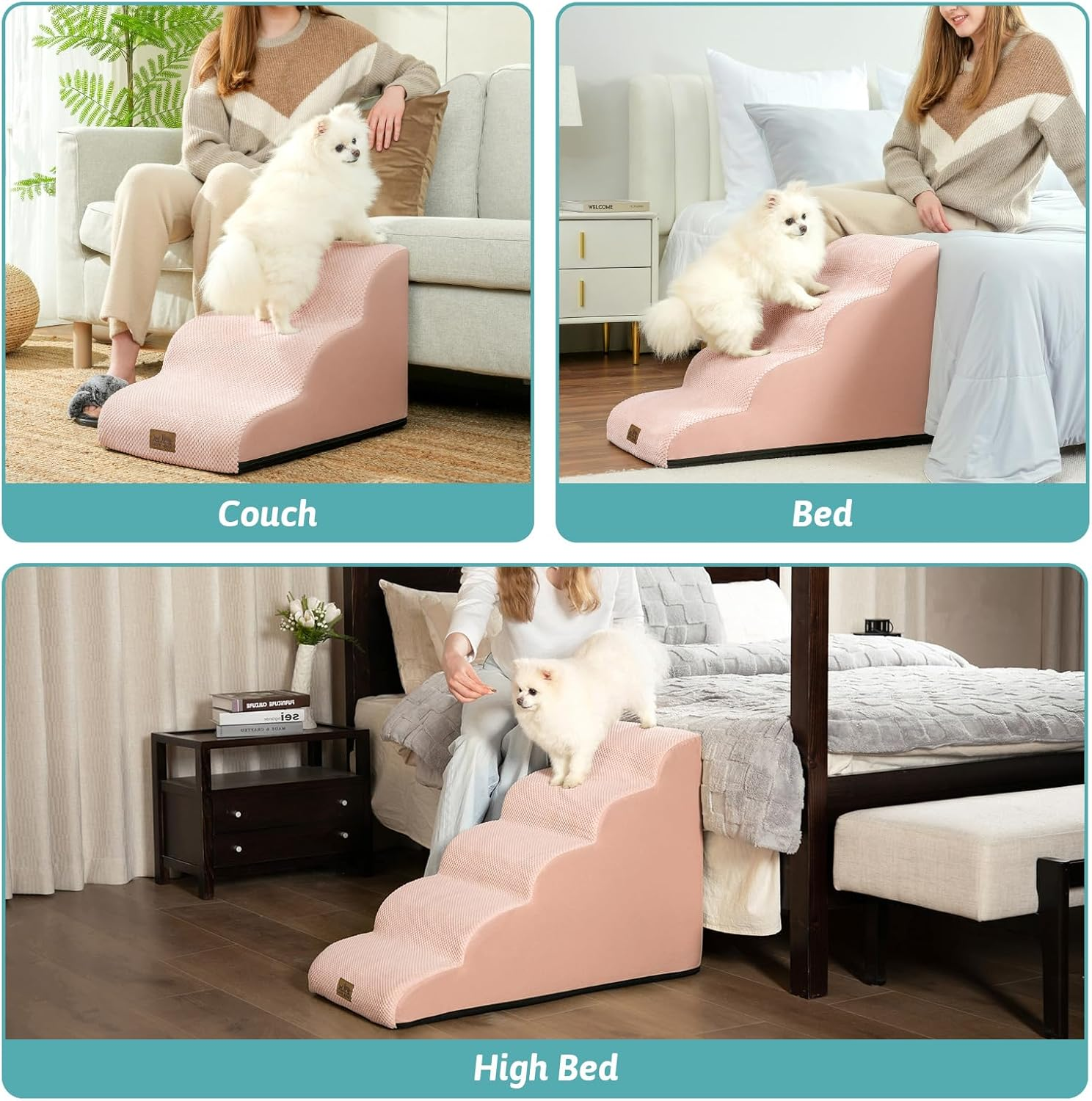 COZY KISS Dog Stairs for Small Dogs 15.7" H, Curved Dog Step for Puppy, Older Cat, Medium Pet Ramp for Sofa, Couch or Bed, Ladder with High Density Foam, 15.7X22.4X15.7 Inch, 3 Step, Pink image number 4