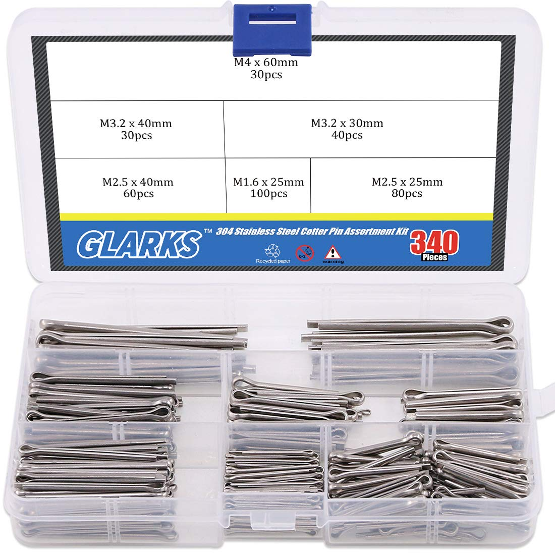 Glarks 340-Pieces 6 Sizes 304 Stainless Steel Cotter Pin Clip Key Fastner Fitting Assortment Kit for Automotive, Mechanics, Car Garage, Power Equipment, Cars, Trucks, Lawn Mower, Small Engine Repair image number 3