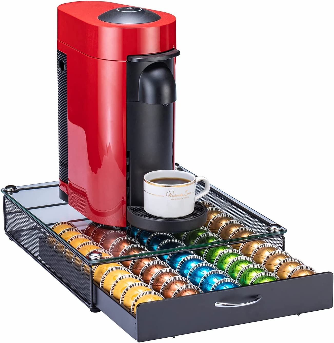 Rice Rat Coffee Vertuo Capsule Holder Drawer for Nespresso with Glass for Cabinet Vertuoline Pod Storage Rack for Counter (Class-50 Pods（With Handle）)