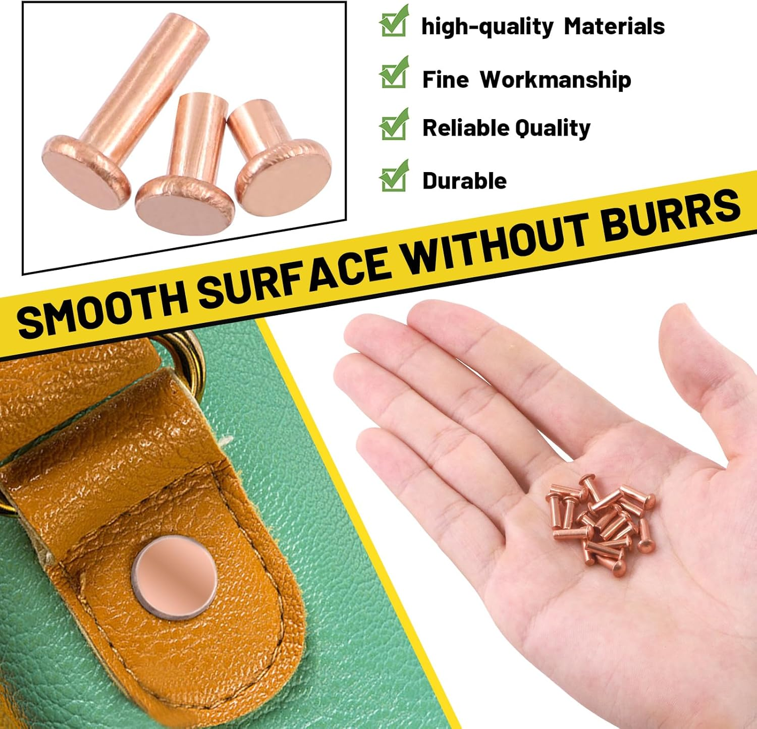 Mardatt 270Pcs Flat Head Copper Solid Rivets Kit, M2 M2.5 M3 Solid Copper Rivets Fasteners, Flat Head Rivets Solid Copper Rivets for Electrical Applications, Leather Working Supplies image number 1