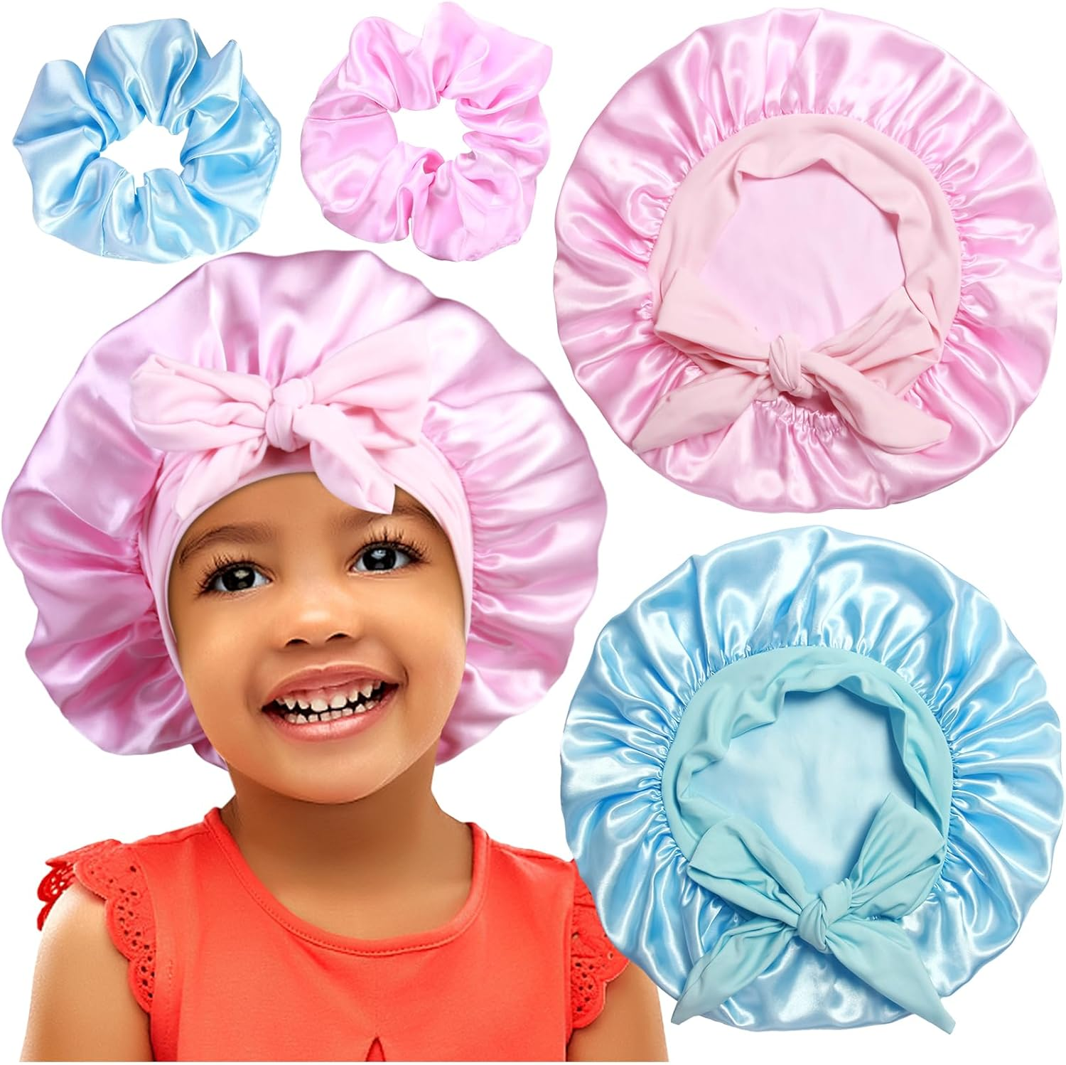 2+2 Satin Bonnets with Scrunchies for Kids, Cute Hair Bonnets for Girls Sleeping Curly Hair, E