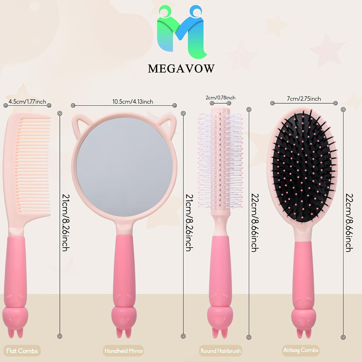 MEGAVOW 4 Pcs Cute Hairbrush Hand Mirror Set, Detangle Massage Comb, Fine Tooth Comb, Rabbit Personalised Handheld Mirror, round Curly Brush for Girls Wet Dry Hair Styling (Pink) image number 1