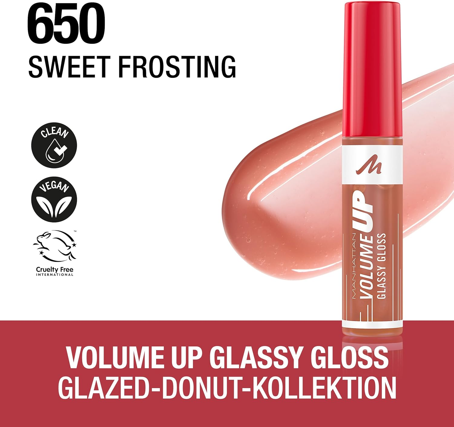 MANHATTAN Volume up Glassy Gloss Moisturising Lip Gloss for Fuller Looking Lips, Easy Application, Vegan Formula, 650 Sweet Frosting, 10 Ml