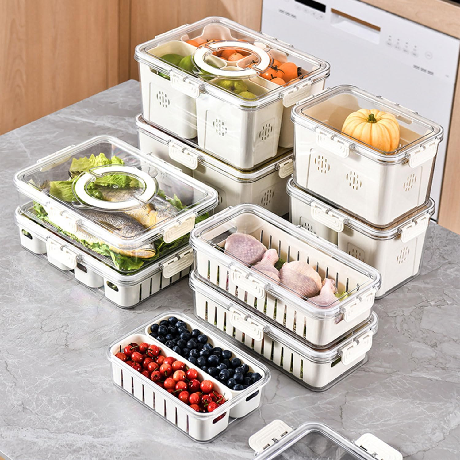 Divided Serving Tray with Lid and Handle, Storage Containers for Fridge, Snack Platters Organizer, Fruit Plate, Fresh -Keeping Box Is Suitable for Fruits, Vegetables, Refrigerators, Picnics (4 Grid)