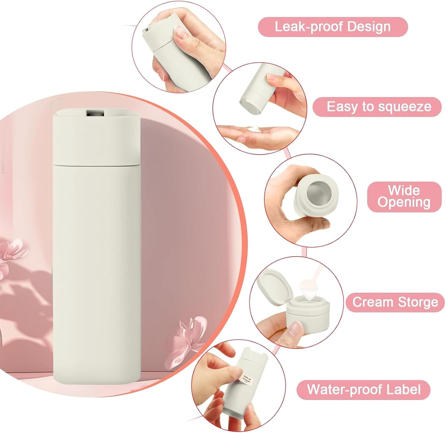 Weidllys 5Pcs Travel Cream Dispenser Bottles Set Travel Bottles Toiletry Containers Set, TSA Approved, Travel Essentials，Modern，Beige image number 6