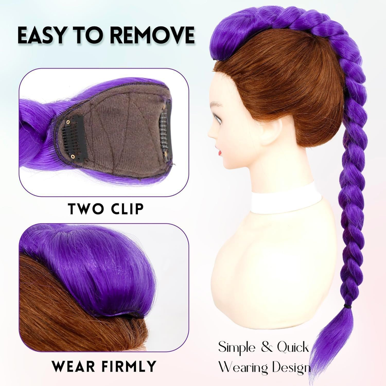 Purple Braid Hair Extensions Long Ponytail Synthetic Fiber 26 Inch Easy Clip in Ponytail for Girl Women Kpop Character Cosplay Wig Costume Accessories image number 1