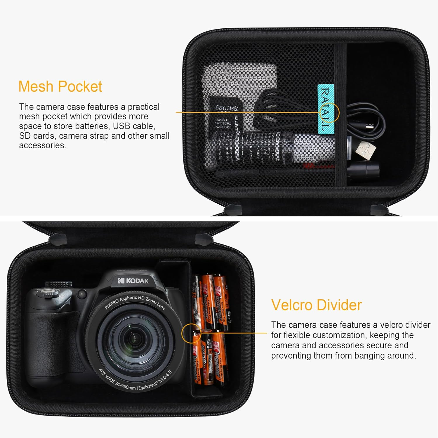 RAIALL Camera Case for Kodak PIXPRO AZ405/AZ425/AZ255/AZ401/AZ528 Digital Camera, Vlogging Camera Hard Carrying Case Protective Travel Bag, Mesh Pocket for Battery, SD Card and USB Cable, Black - Blue image number 7