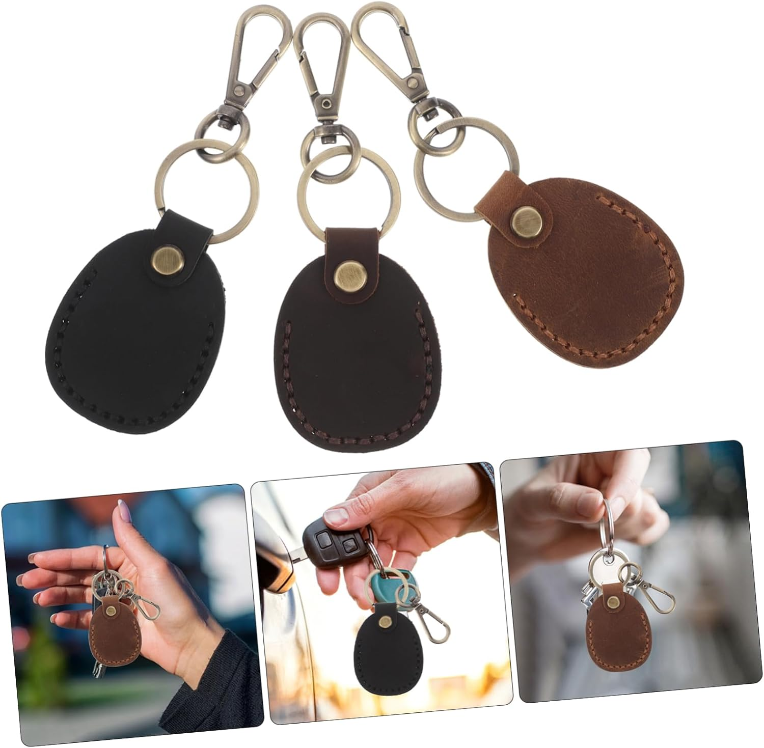 Luxshiny 3Pcs Retro Pu Card Holder Keychain Set, Handmade Leather Protector Key Fob Case Storage Pouch for Women, Small Access Tag Sleeve for Office and Community Use image number 1