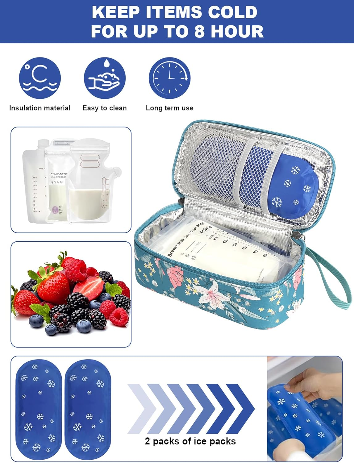 YOUSHARES Breastmilk Cooler Case - Breast Milk Cooler Travel Bag, Real-Time Temperature Display, Holds 4-6 Breastmilk Storage Bag with 2 Breast Milk Ice Pack for Moms on the Go(Lily) image number 4