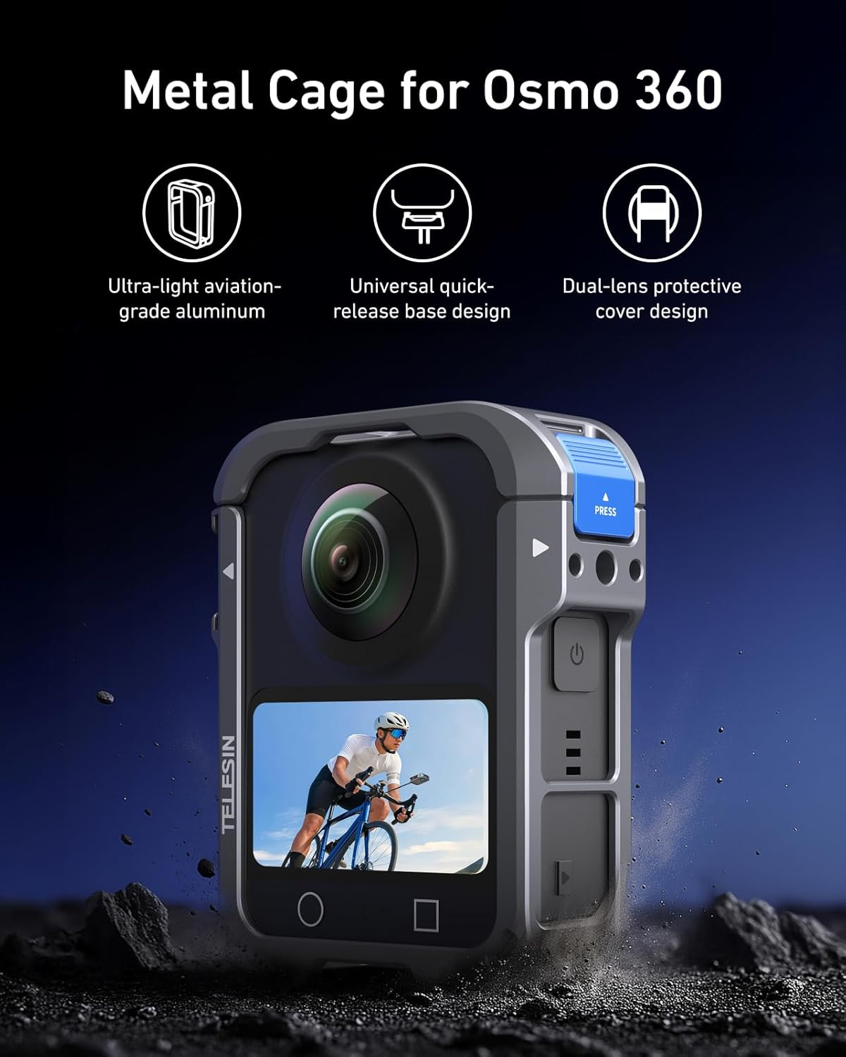 TELESIN Aluminum Alloy Protective Frame Case for DJI Osmo 360 with Cold Shoe Mount Magnetic Quick-Release Mount 1/4-Inch Threaded Interface with Silicone Protective Len Case for Camera Accessories