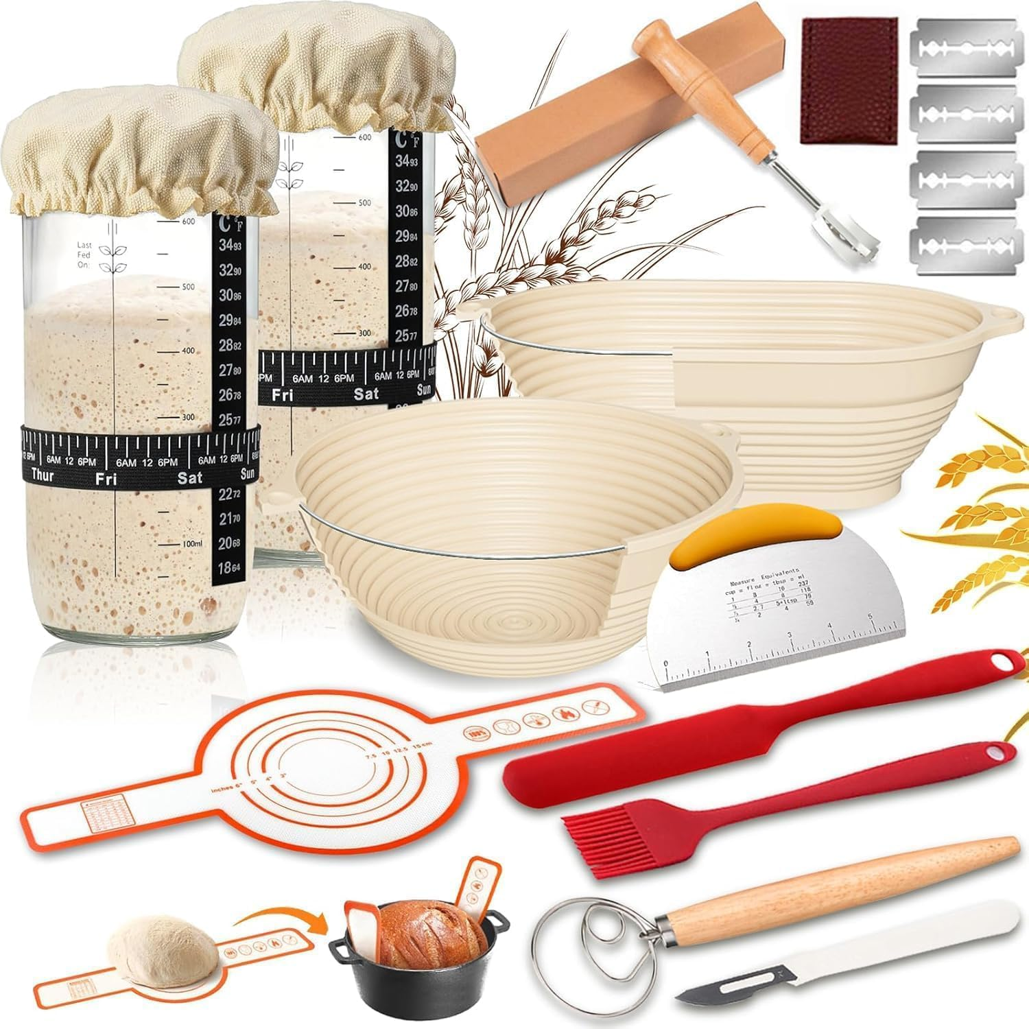 Set of 17 Sourdough Starter Kit, 2 Sourdough Starter Jar and 2 Banneton Proofing Basket, Silicone Baking Mat, Sourdough Bread Baking Supplies image number 4