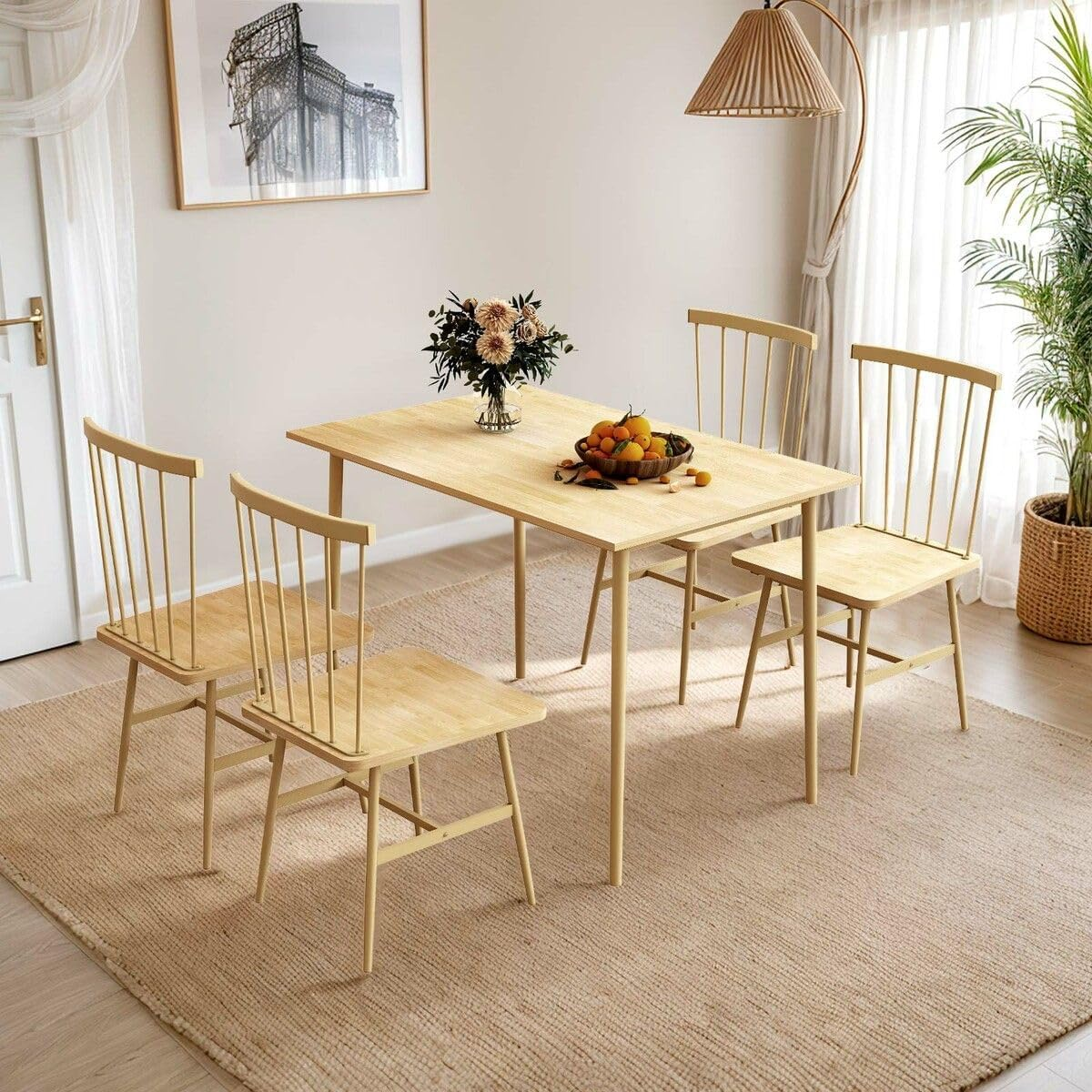 Luxsuite 5Pcs Dining Table & Chairs Set Mid Century Style Wooden Chairs Spindle Back Kitchen Dining Room Chairs Oak image number 5