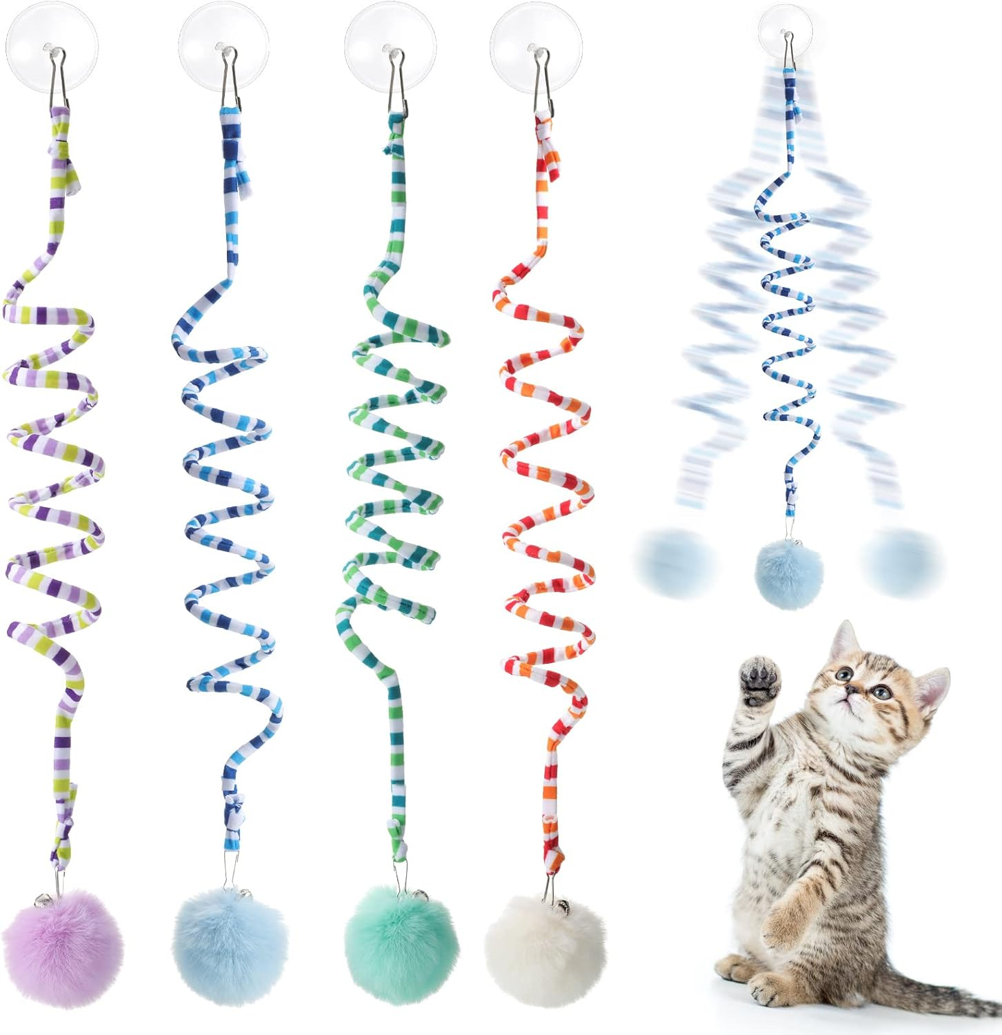 4 Pcs Cat Spring Toys Hanging Door Interactive Cat Toys with Bell Long Tail Stretchable Soft Plush Teaser Ball for Kitten Chase Play and Kill Time, Gradient image number 3