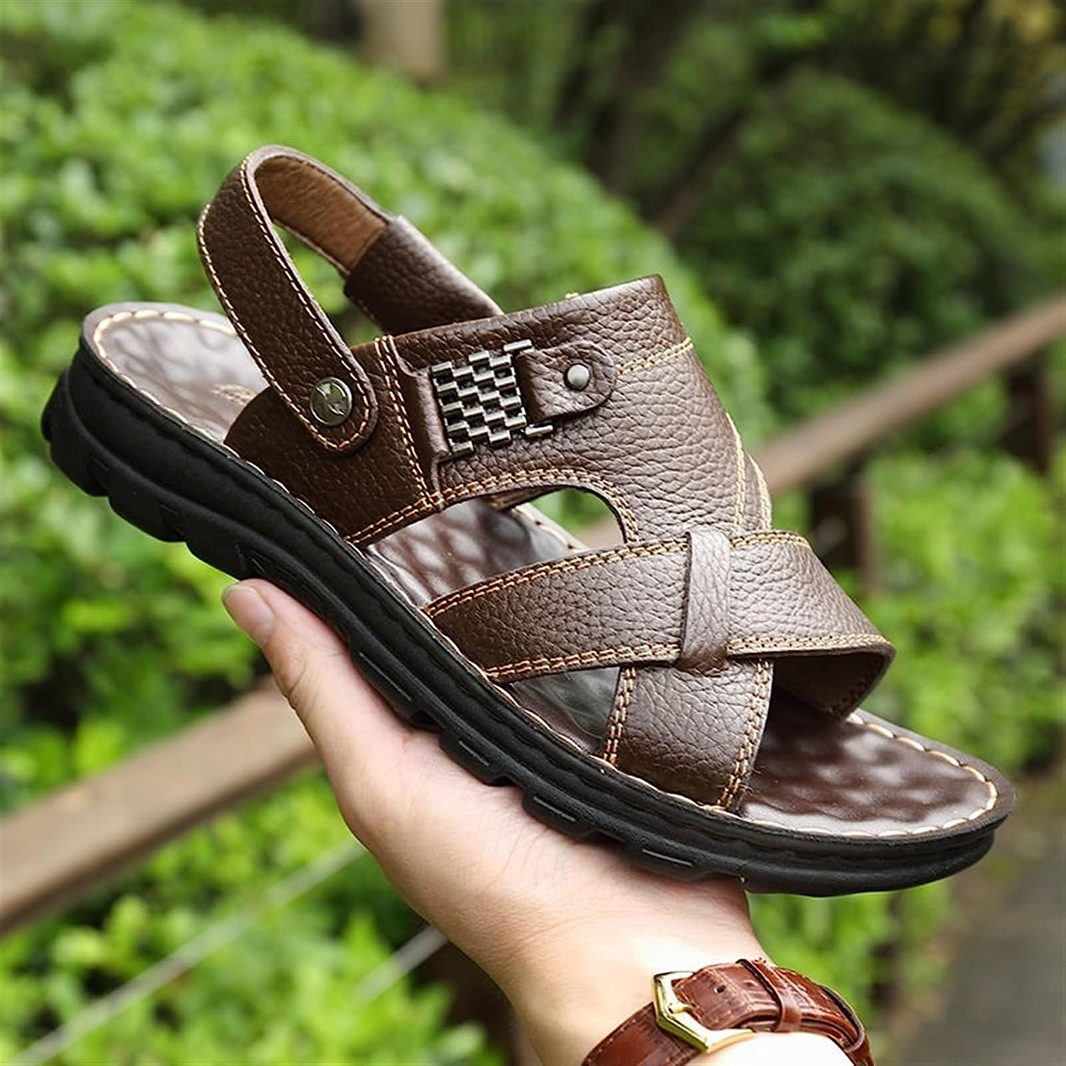 Men Sandals Summer Waterproof Arch Support Non-Slip Leather Sandals Soft Sole Slippers Breathable Casual Shoes (Color : Brown, Size : 8) image number 2