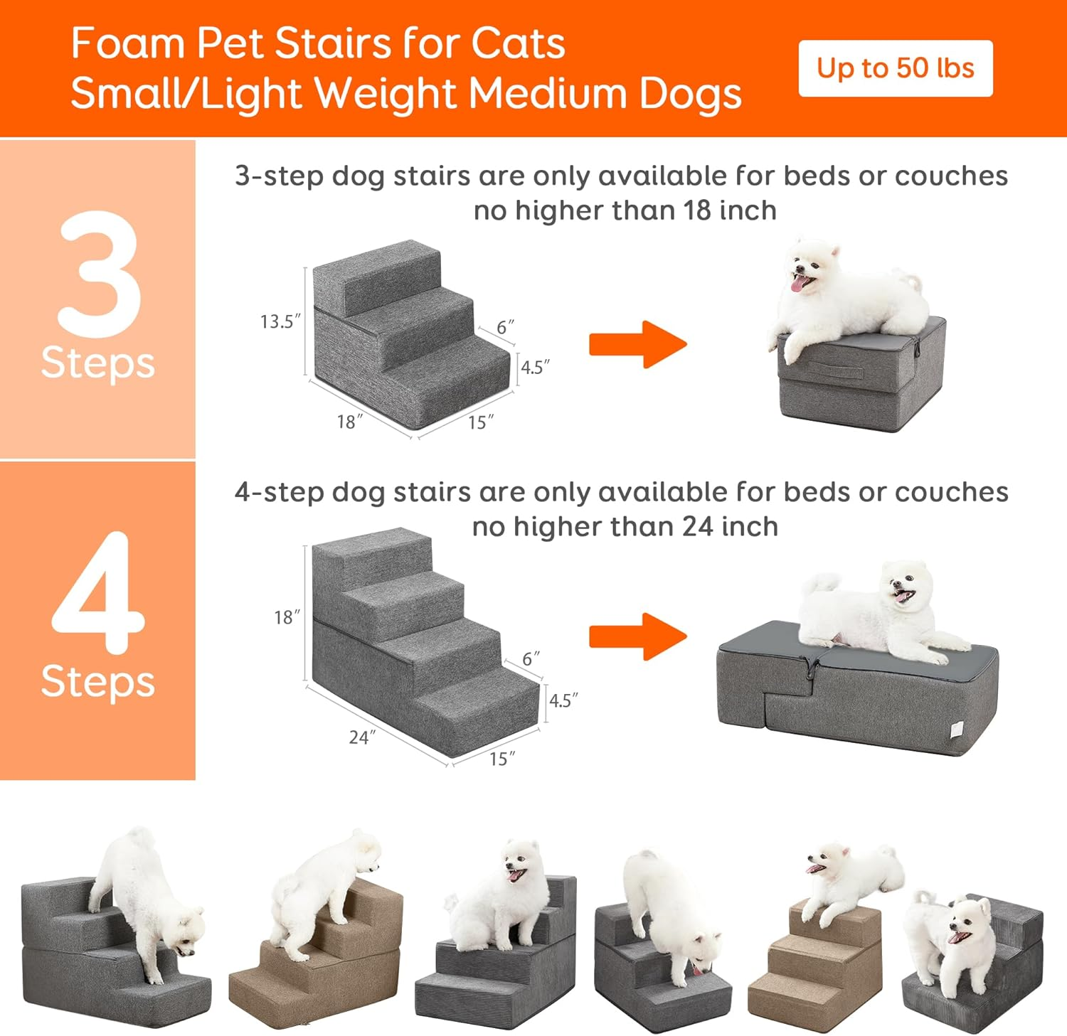 Dog Stairs & Steps for Small Dogs Cats Holds up to 25Kg, Pawque Pet Steps for High Bed Couch, Shock Absorbing Foam with High-Strength Boards for Pet Safe, Non-Slip Removable Washable Cover, 4 Step-Grey ( 45Cm High) image number 4