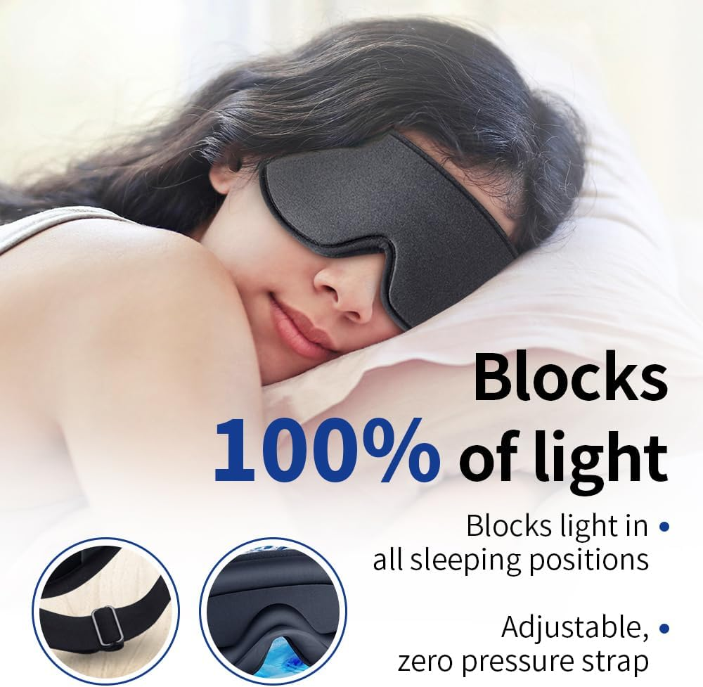 Sleep Eye Mask for Men and Women Zero Pressure Sleeping Eye Mask with Adjustable Strap Ultra Soft & Comfortable 3D Contoured Blackout Sleep Mask for Nap/Travel/Yoga/Sleeping/Shift Work/Meditation