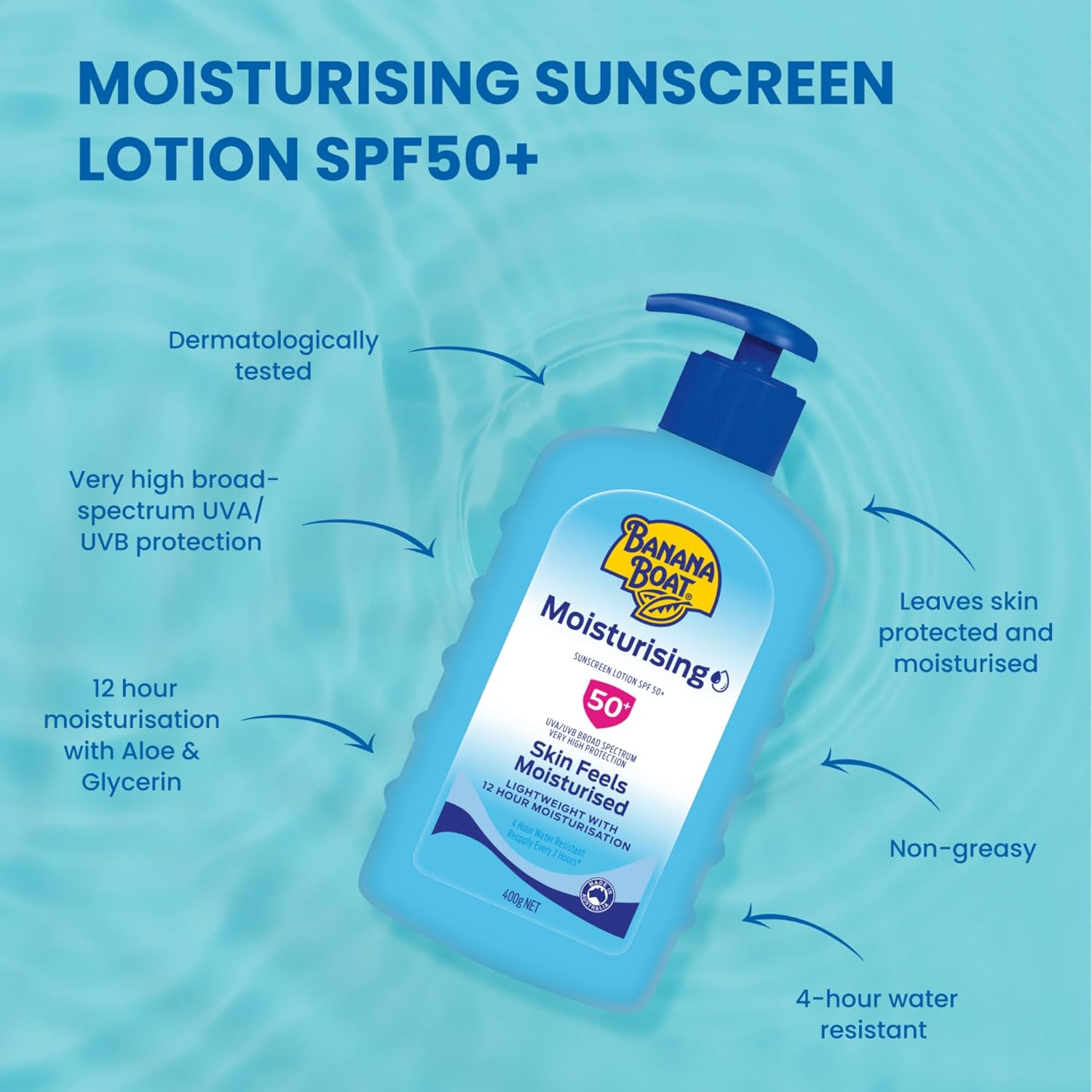 Banana Boat Moisturising Sunscreen Lotion SPF50+ 400G, Skin Feels Moisturised and Nourished, UVA + UVB Broad Spectrum, Non-Greasy, 4-Hour Water Resistant, Made in Australia image number 3