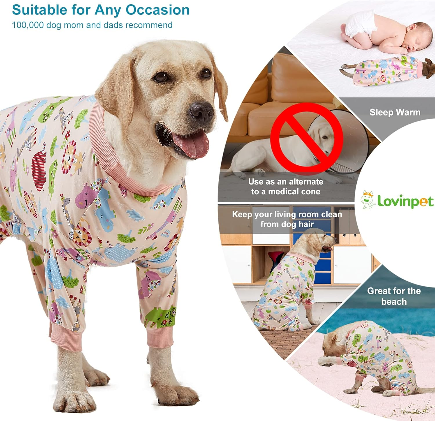 Lovinpet Large Dog Clothes: Pajamas for Large Dogs, Slim Fit/Lightweight Pullover Dog Pj'S, Full Coverage/Animals Allover Pink Print/Pet Pajamas/Xl image number 3
