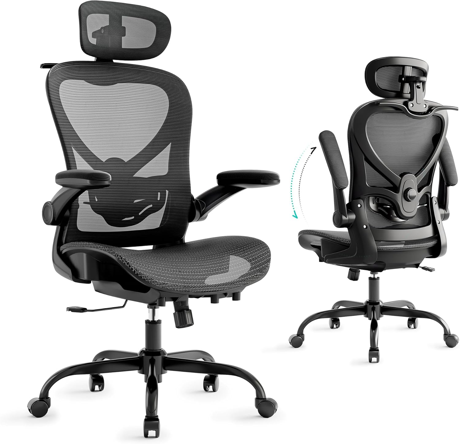 Ergonomic Chair with 3D Headrest, Office Chair with Coat Hanger, Gaming Chair with 2D Lumbar Support & Flip up Arms, Computer Chair Mesh Cushion & Backrest for Office, Study & Meeting,Black image number 4