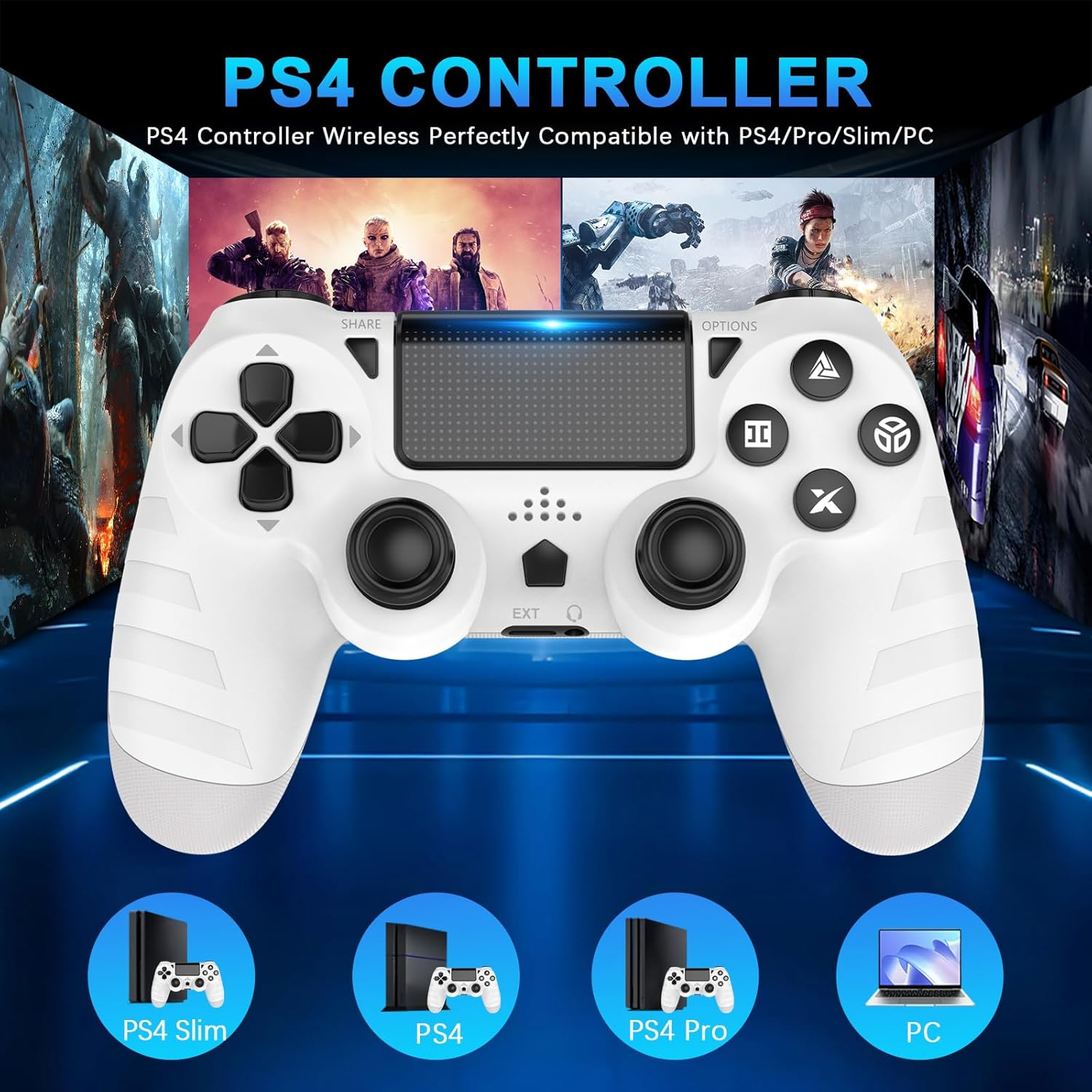 DYONDER Wireless PS4 Controllers for Ps4/Pro/Slim & PC &ndash; 1000Mah Battery, 6-Axis Motion Sensor, Audio Jack (White) image number 3