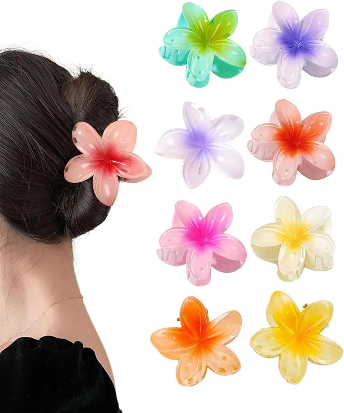 FUGLUS Pack of 8 Flower Hair Clips, Colourful Flower Hair Pins for Women, Hawaiian Hair Clip, Hair Accessories, Non-Slip Plastic Hair Clips, Gifts for Girls and Women image number 1