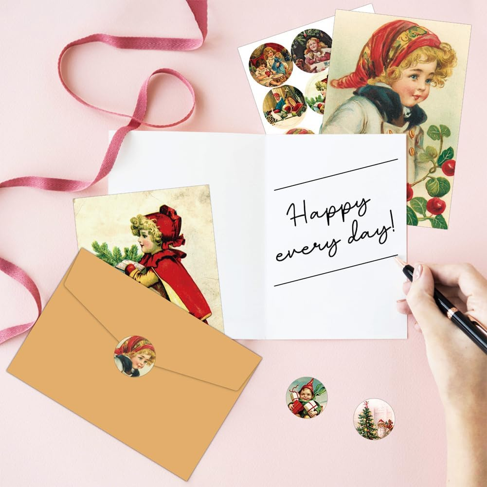 Suithink 12 Pack Vintage Christmas Greeting Cards, Christmas Cards Retro Xmas Greeting Cards with Stickers Envelopes Vintage Blank Note Cards for Christmas Baby Shower Birthday Party Supplies