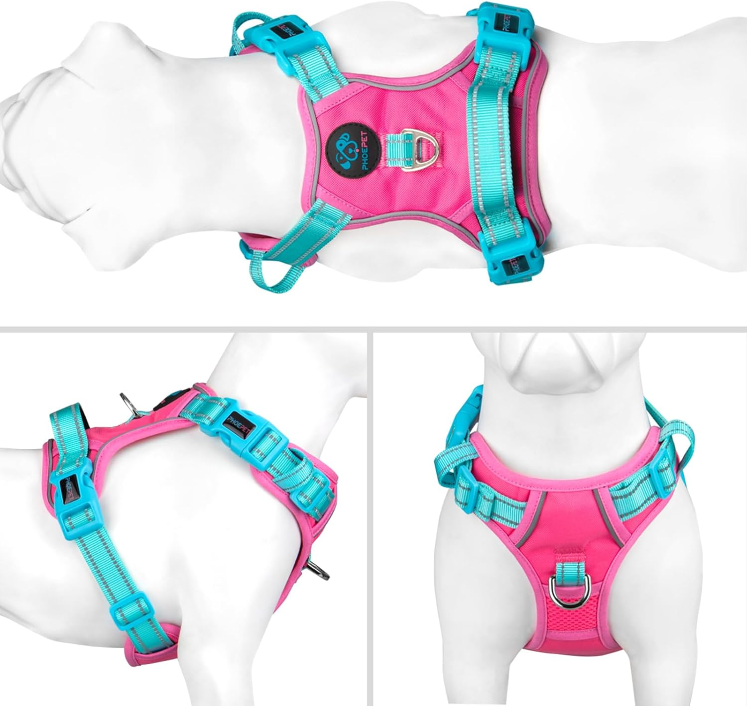 PHOEPET No Pull Dog Harness, Unique Colors Reflective Adjustable Dog Vest, with Soft Training Handle Metal Clips for Small Medium Large Dogs (Pink Base & Green Straps,M) image number 7